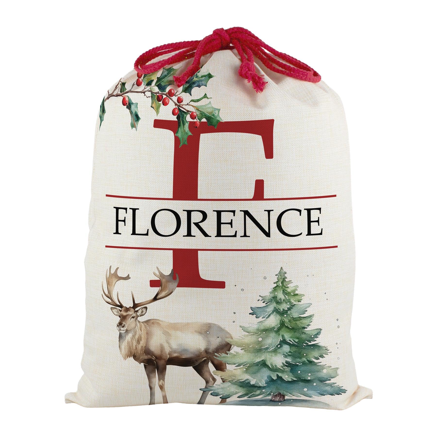 Purely Home Personalised Watercolour Reindeer Letter F & Name Xmas Santa Sack