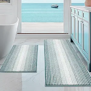 BSICPRO Bathroom Rugs and Mats Sets, 2 Piece Thick Absorbent Chenille Non Slip, Soft Shaggy Floor Mats, Machine Washable (Sea Green, 20" x 47" Plus 16" x 24")