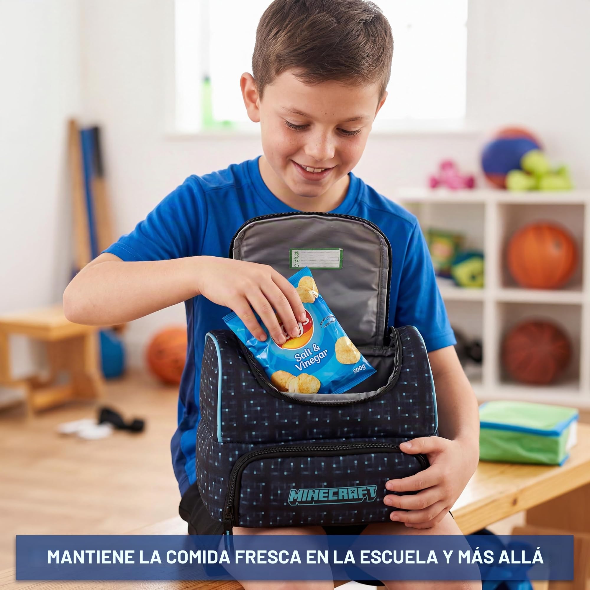 Get Trend Minecraft Bolsa Térmica Infantil, Lunch Bag 2 Compartimentos, Nevera Portátil, Bolsa Comida Escolar, Picnic o Viaje, Creeper Regalo Niños y Regalo Gamer (Multi/Turquesa Minecraft)
