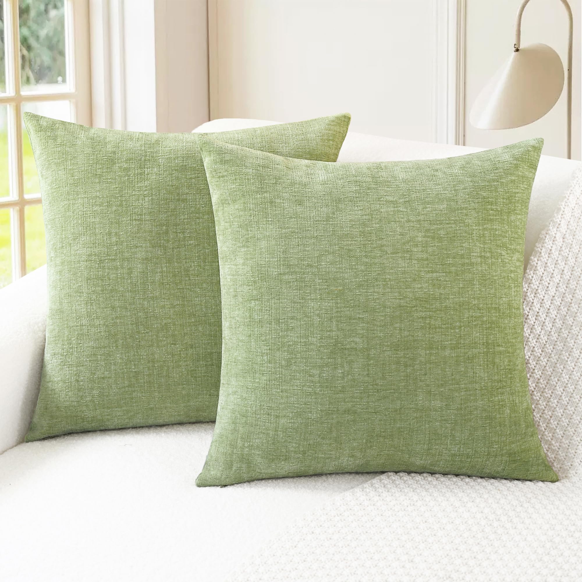 CaliTime Cushion Covers Pack of 2 Cozy Throw Pillow Covers Cases for Couch Sofa Home Decoration Solid Dyed Soft Chenille 40cm X 40cm Sage
