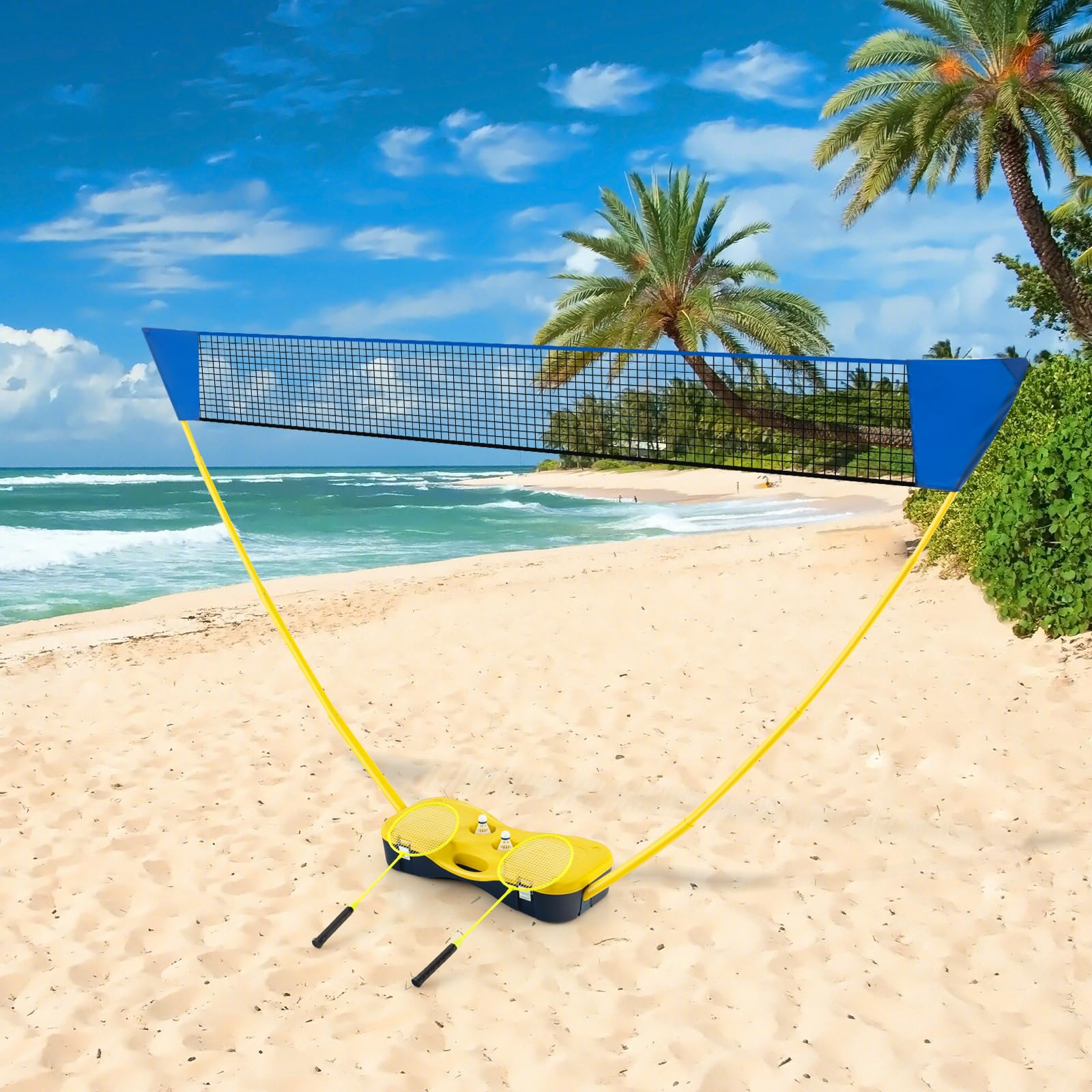 GOPLUS Set de Filet Badminton Portable avec 2 Raquettes de Badminton, Ensemble de Badminton avec et 2 Volants pour Jardin, Plage, Jeux de Balle, Sports d'équipe, 270 x 33,5 x 160cm