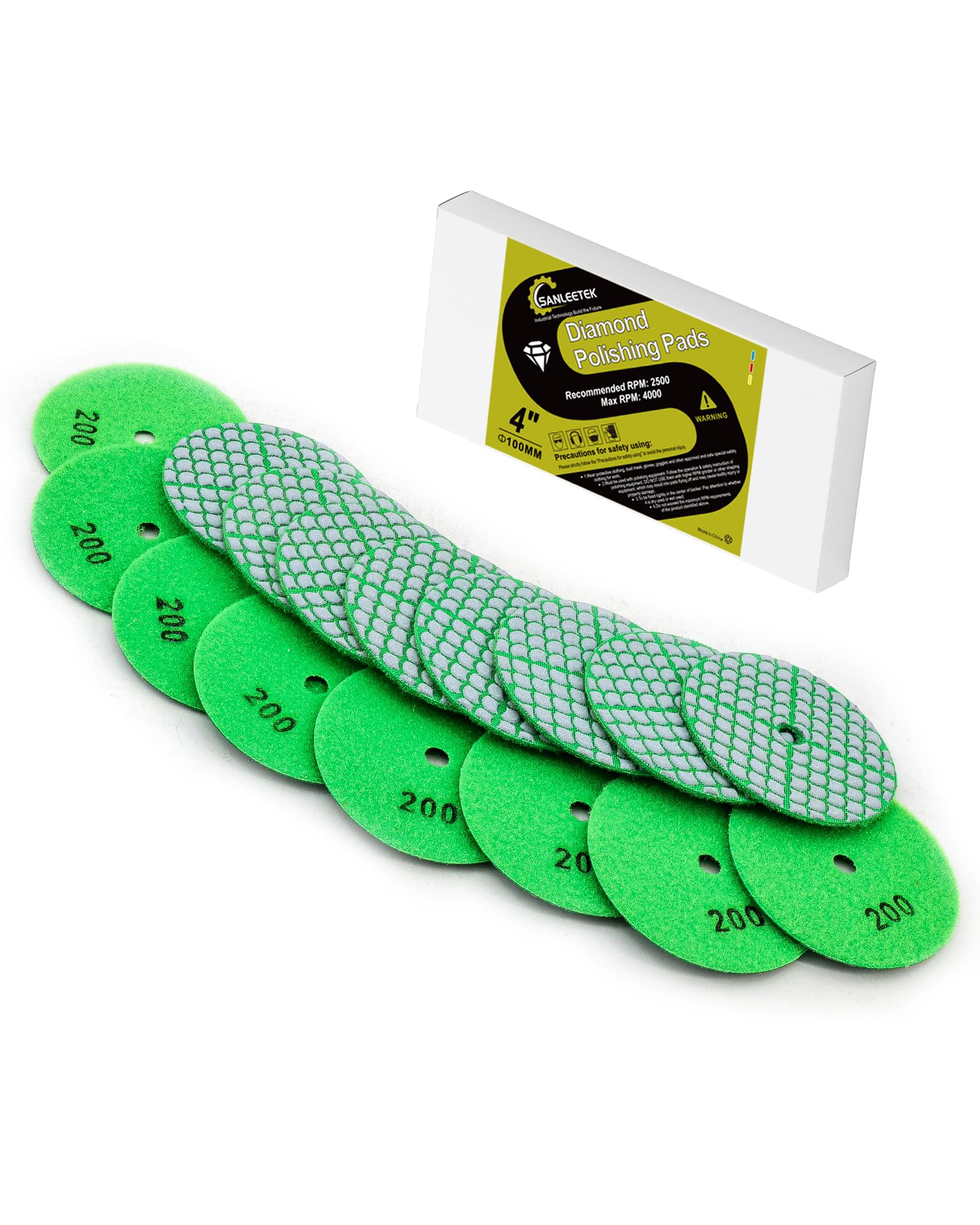 SANLEETEK Dry Diamond Polishing Pads - 100MM 8pcs Grit 200 Tile Polishing Pads Dry Polish Pad Kit for Granite Marble Quartz Artificial Stone Polishing for Angle Grinder