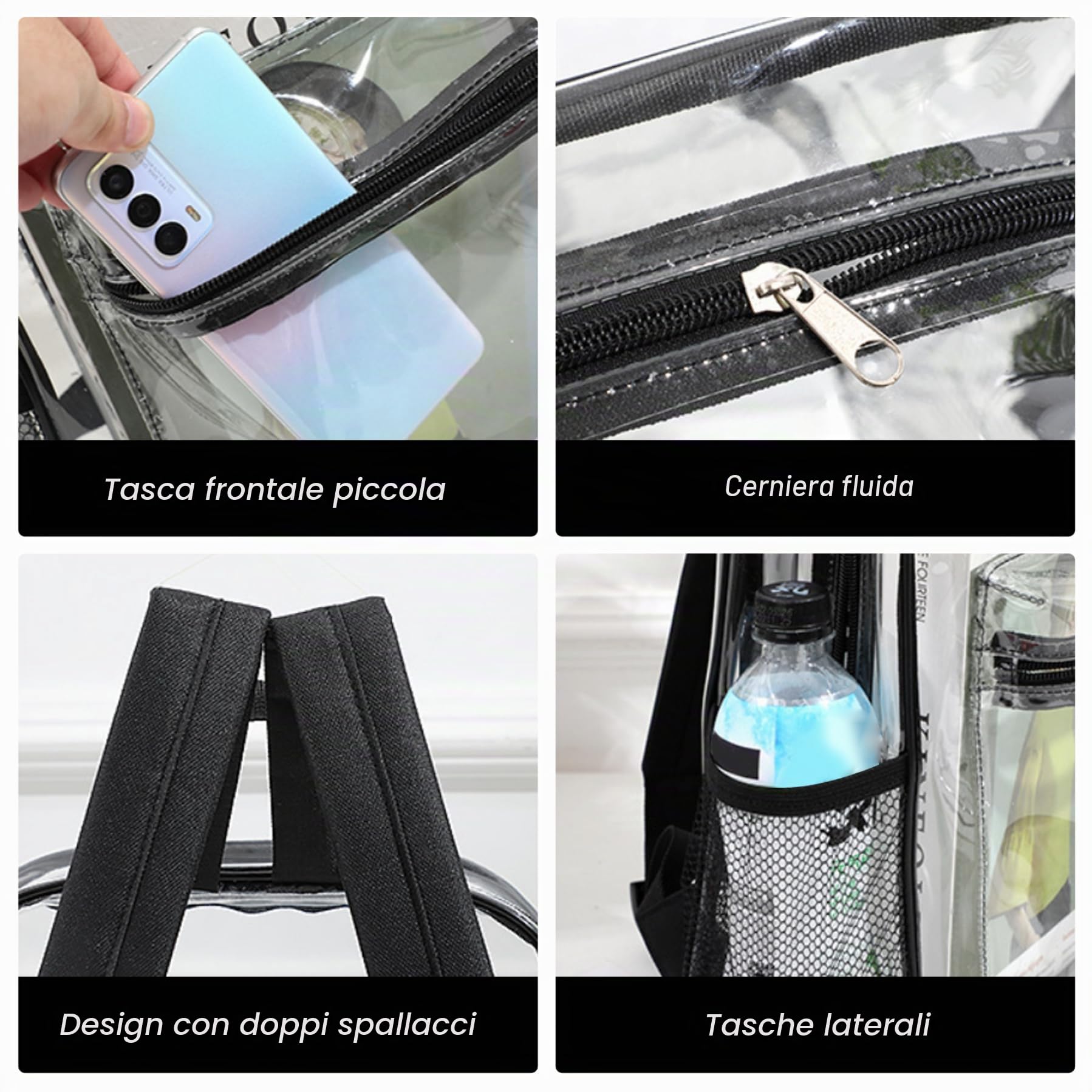 Vedi attraverso lo zaino, chiaro zaino in PVC flessibile PVC Clear Book Bag di grandi capacità, borsa trasparente con cinturini rinforzati zaino trasparente per viaggi di lavoro universitario, nero