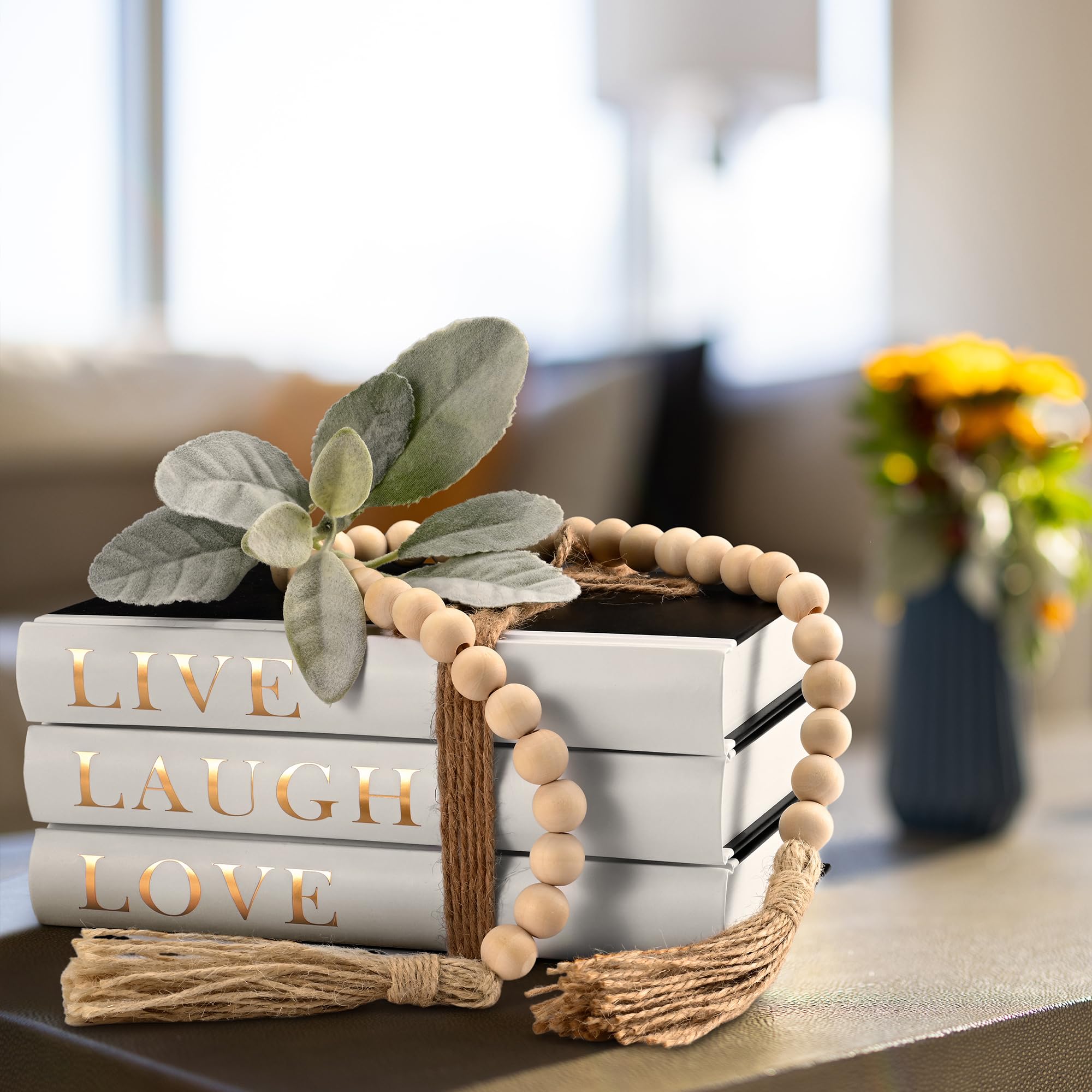 Farmhouse Decorative Hardcover Books for Coffee Table & Shelf Display, Wood Bead Tassels