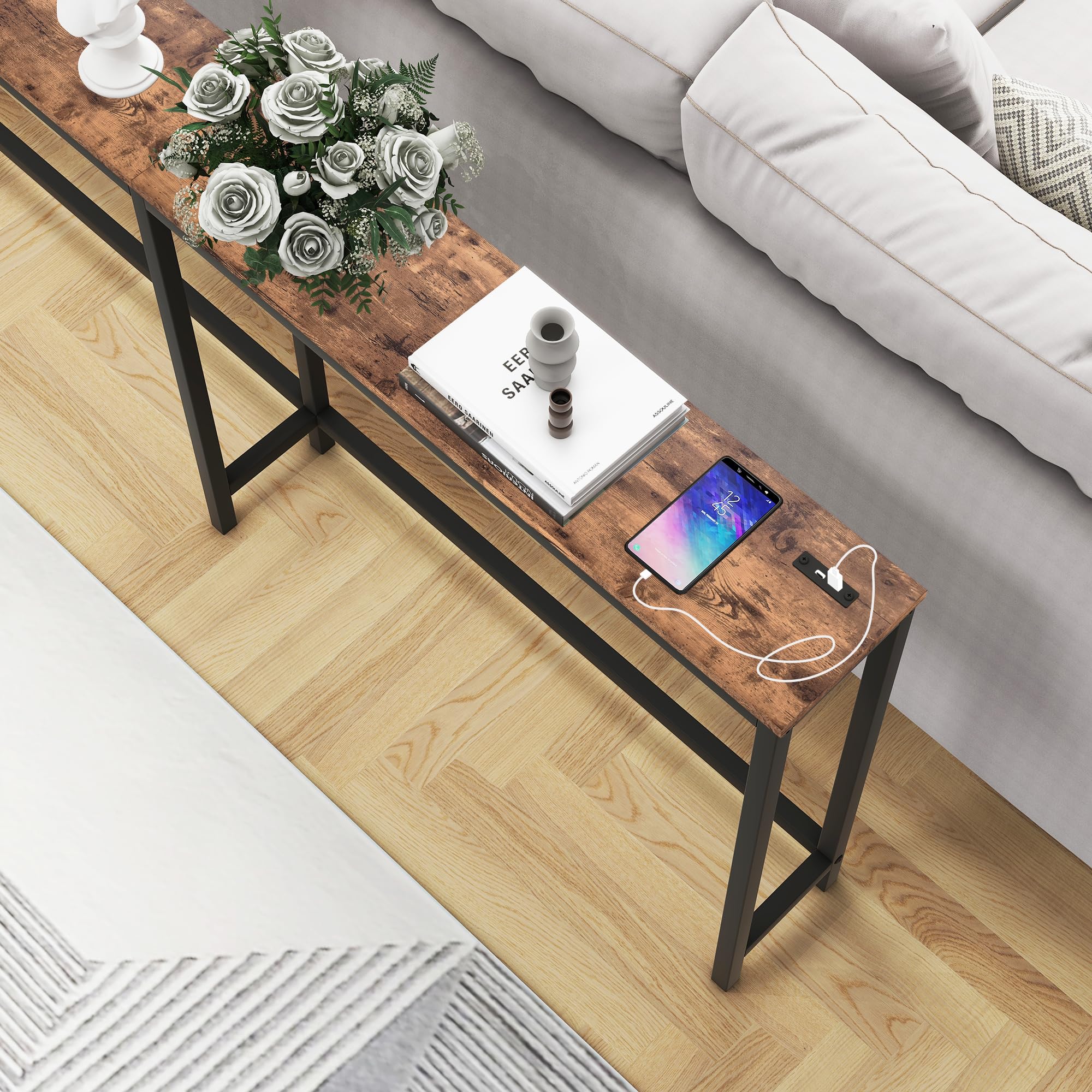 Mesa consola de 70.8 pulgadas con puertos USB, mesa de sofá con estación de carga, mesa de entrada estrecha, mesa de pasillo delgada, color marrón rústico 4
