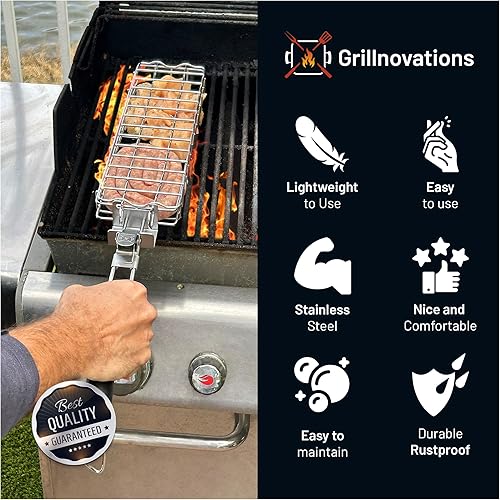 Miniatura 9 de Cesta de parrilla de acero inoxidable, rectangular, negra, perfecta para asar al aire libre, verduras, pescado, camarones, brochetas