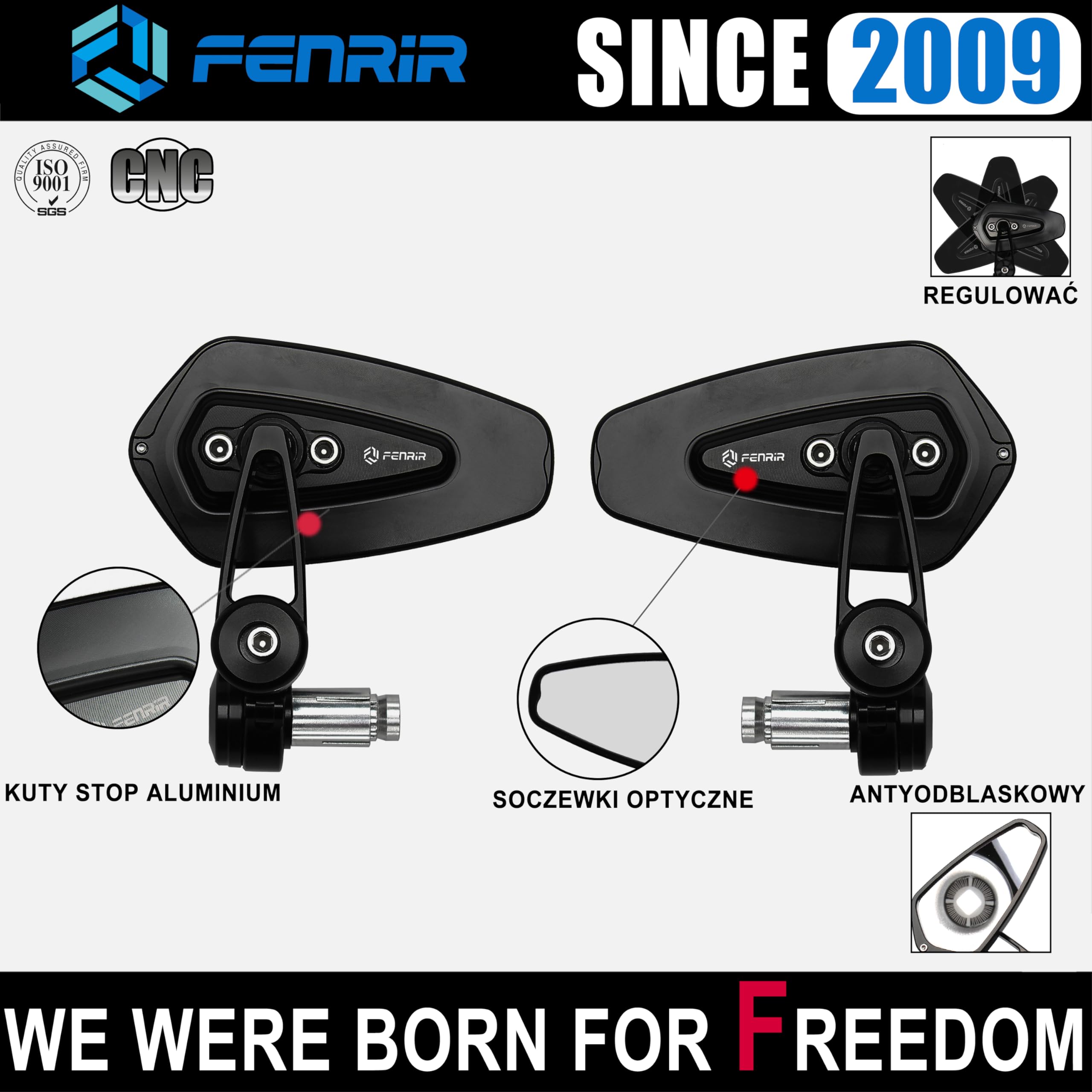FENRIR (Nie Emark) Lusterka Kierownicy Motocykla Kierownicę Lusterko Boczne motocyklowe Czarne CNC Kute ze stopu aluminium Antyodblaskowe Konstrukcja redukująca wibracje Zakrzywione soczewki 801-0374