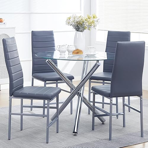 Miniatura 8 de paonne Juego de mesa de comedor redonda para 4, mesa de cocina redonda de vidrio y sillas para 4, mesa redonda de vidrio templado con sillas de