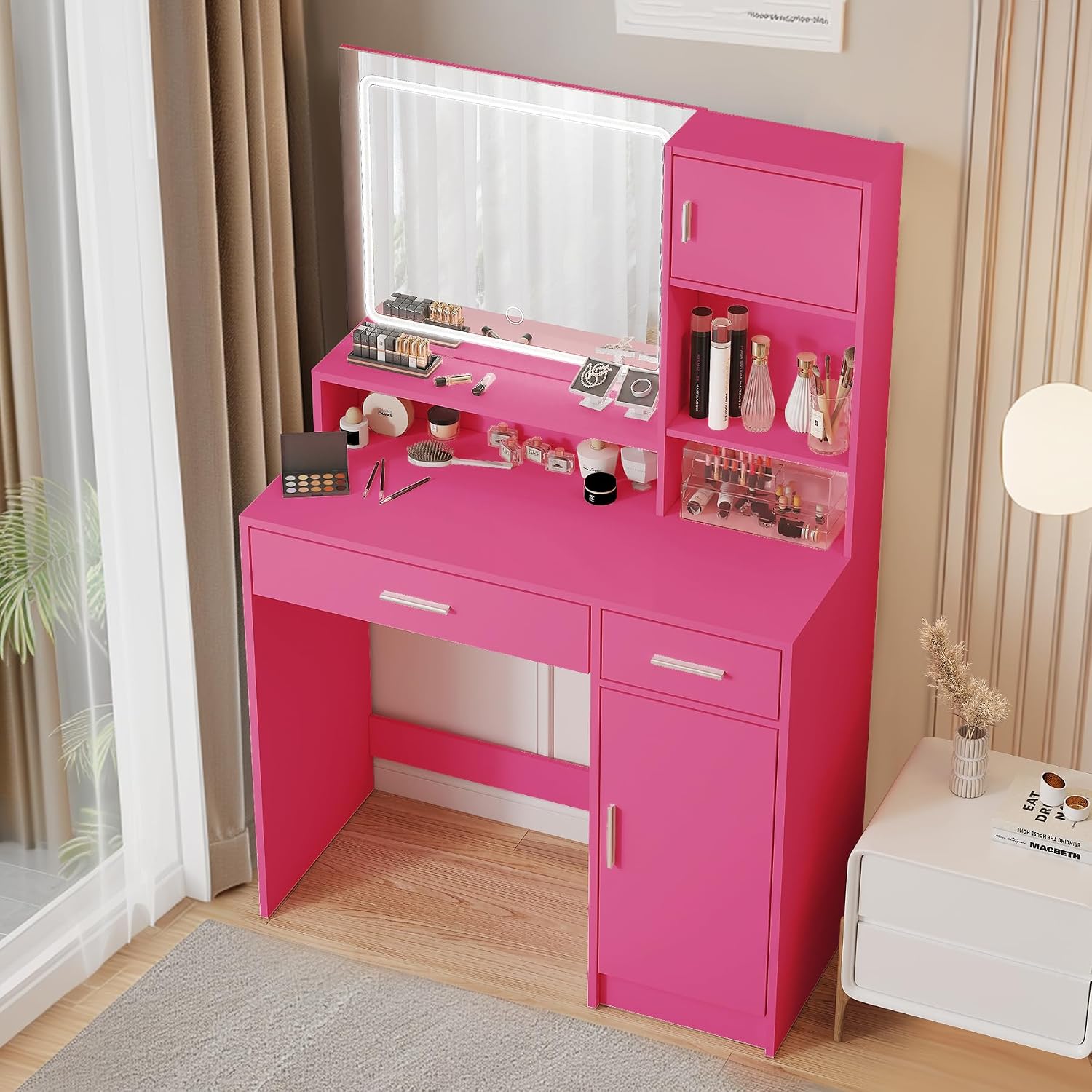 Vanity Table with Mirror, 2 Drawers and 3-Tier Storage Makeup Vanity Desk, 12 LED Lights and 3 Color Lighting Modes, Perfect for Bedroom and Dressing Room Vanity Area (C - Rose Red)