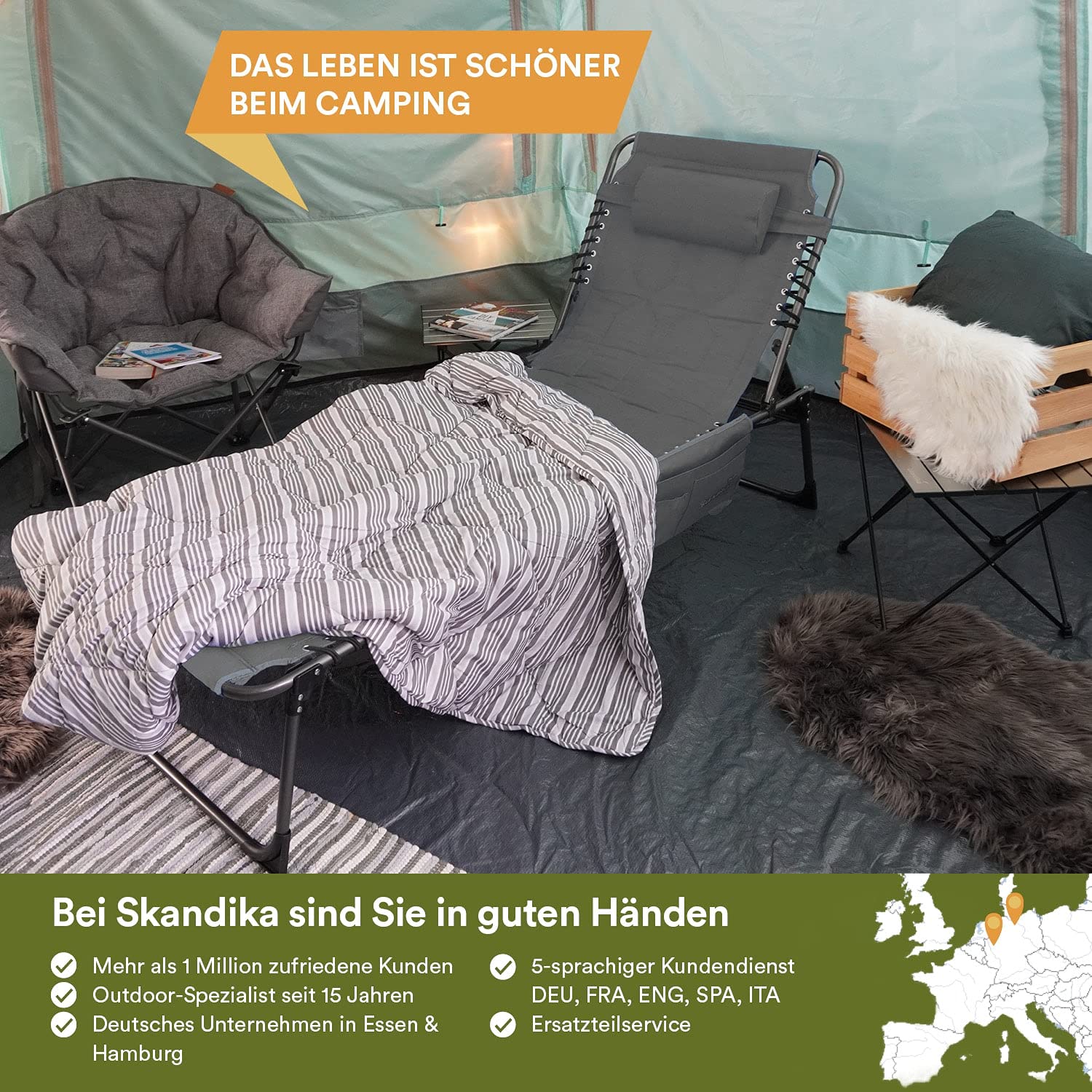 Skandika Sonnenliege Torget | Klappbare Campingliege, gepolstert, 5-Fach verstellbares Kopfteil, Seitentasche, bis 150 kg, wasserabweisend, Stahl-Gestell | Faltbare Liege für Camping, Garten