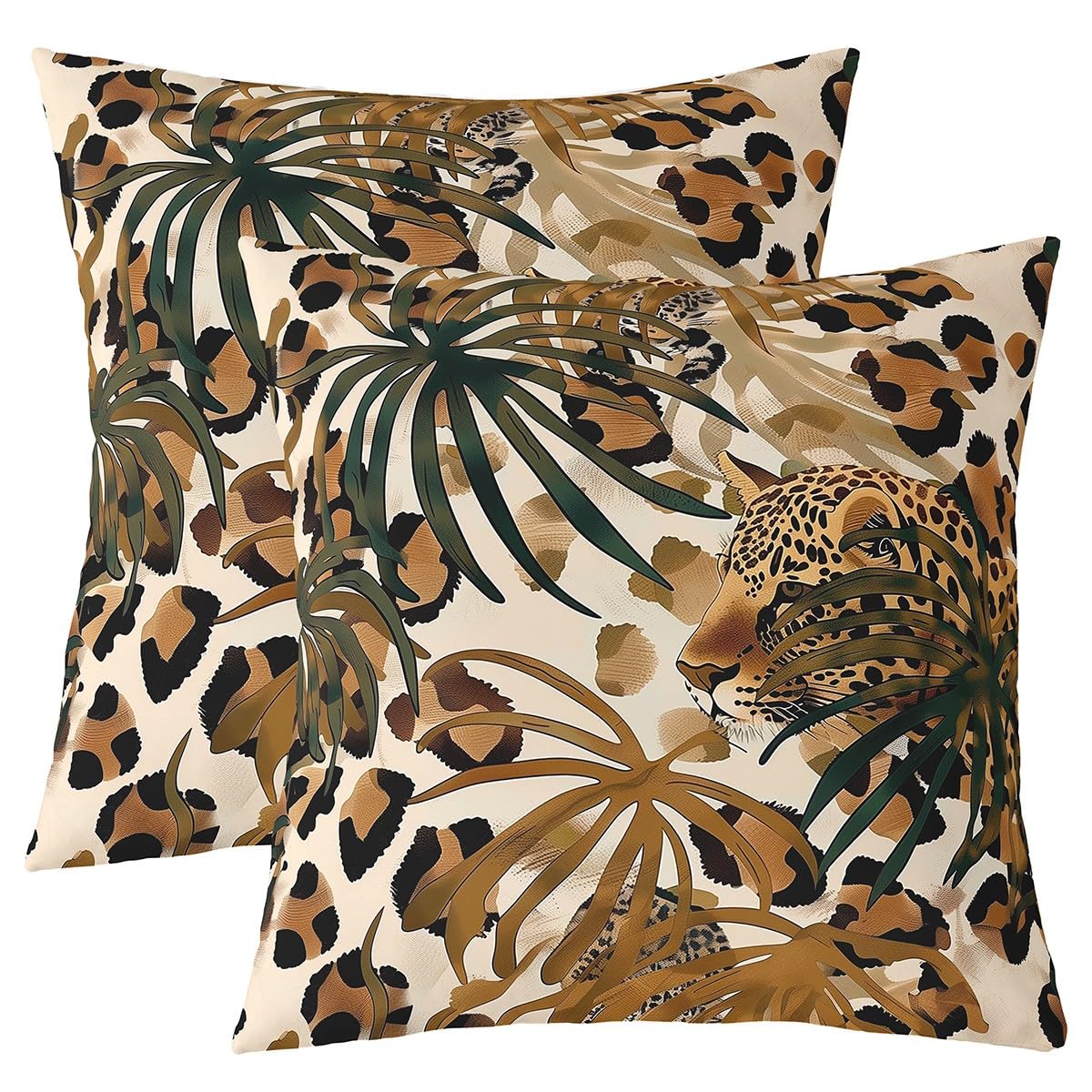 Homemissing Leopard Reversible Throw Pillow Covers 40x40cm Leaves Pillow Covers Home Decor Botanical Square Cushion Covers Set of 2 Nature Theme Throw Pillowcases for Sofa Couch Chair Dark Brown โ image 1