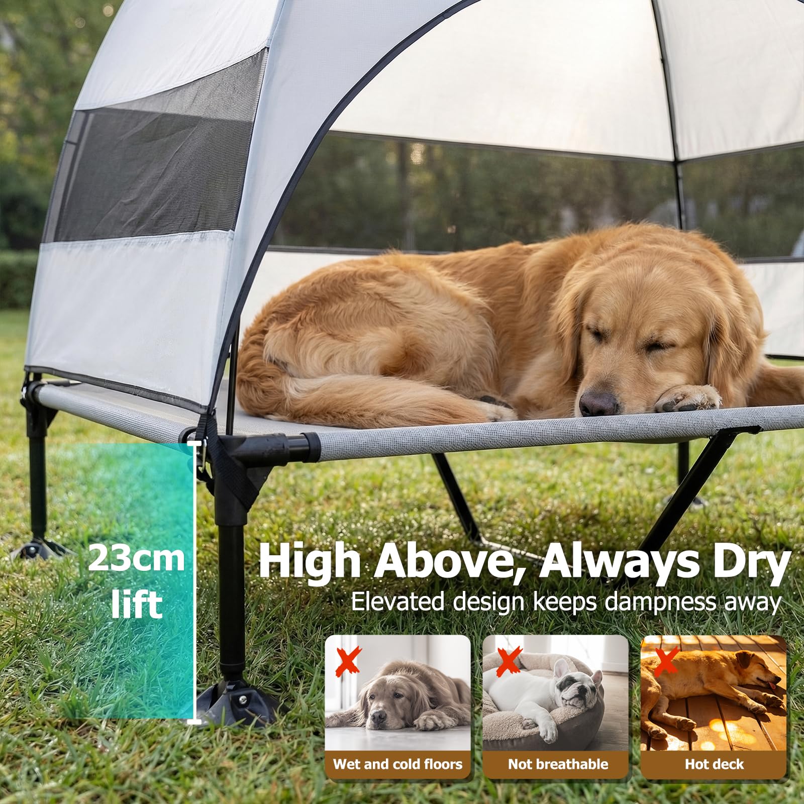 Hundebett mit Baldachin für große Hunde, Grau, 127 cm L x 81,3 cm B x 108 cm T