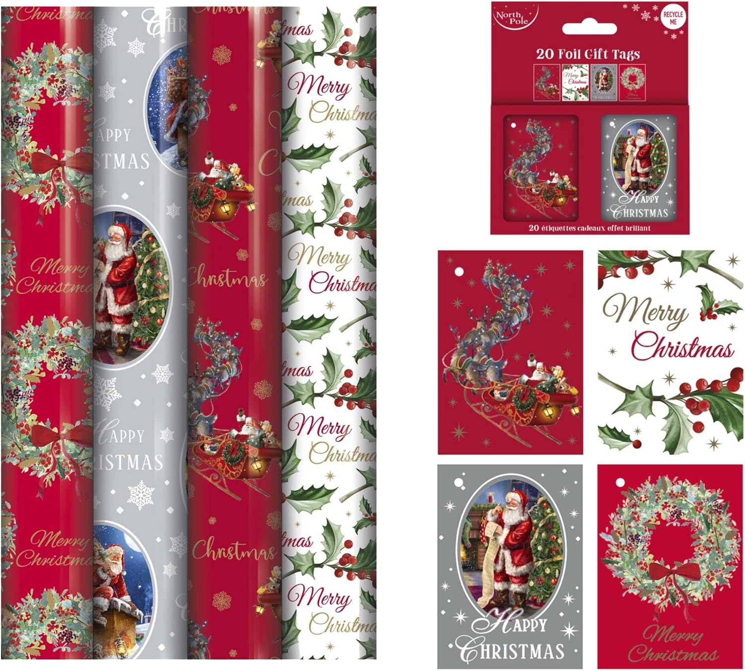 Set Of 4 Traditional Christmas Wrapping Paper Rolls 4 x 4M Rolls And 20