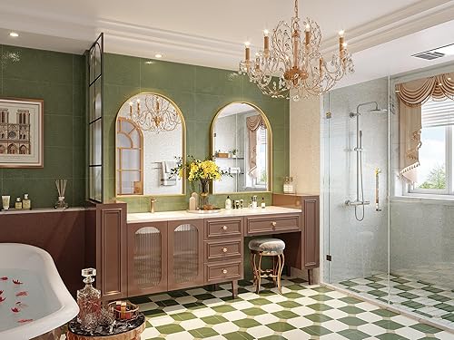 Miniatura 3 de Mestikits Espejo de arco dorado de 24 x 36 pulgadas para baño, espejo de pared arqueado, espejo de tocador, marco de metal dorado, espejos arqueados