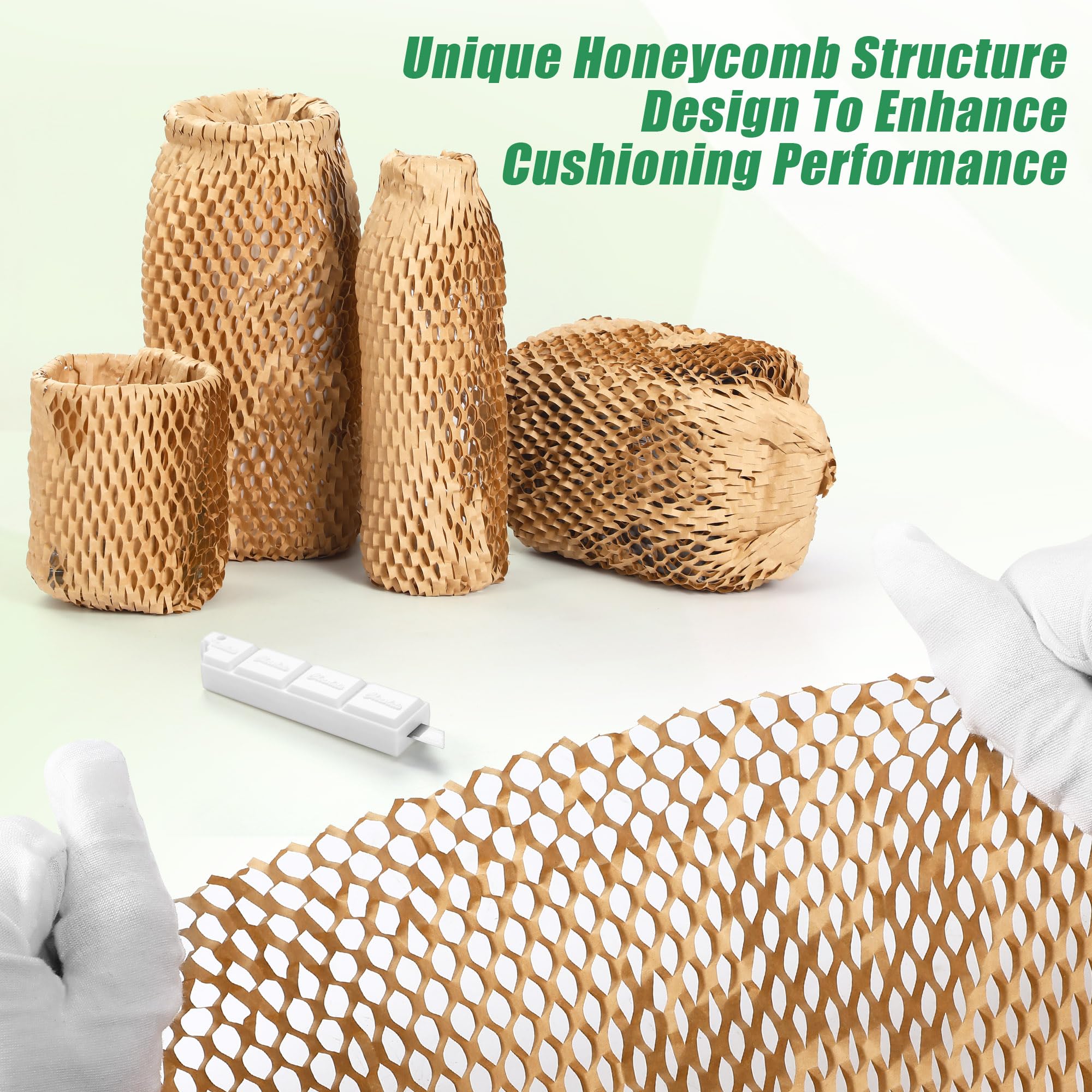Papel de embalaje ecológico de panal de abeja de 12 x 300 pies (certificado FSC) + 40 calcomanías y cortador de seguridad, alternativa reciclable de envoltura de burbujas para mudanzas, correos