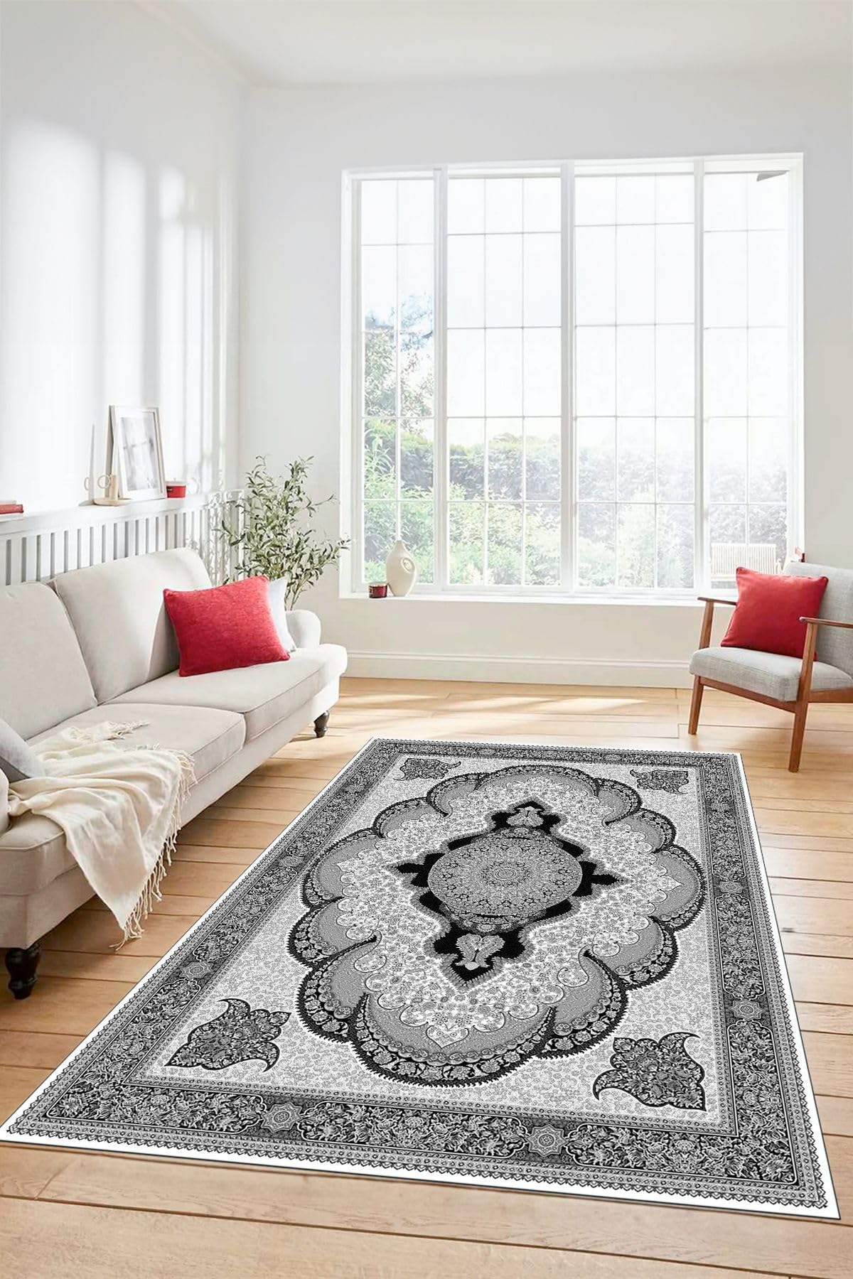 Evdeya Dijital Kaymaz Yıkanabilir Çerçeveli Göbekli Klasik Desen Salon Halısı KLASİK-02, Gri, 180 x 300