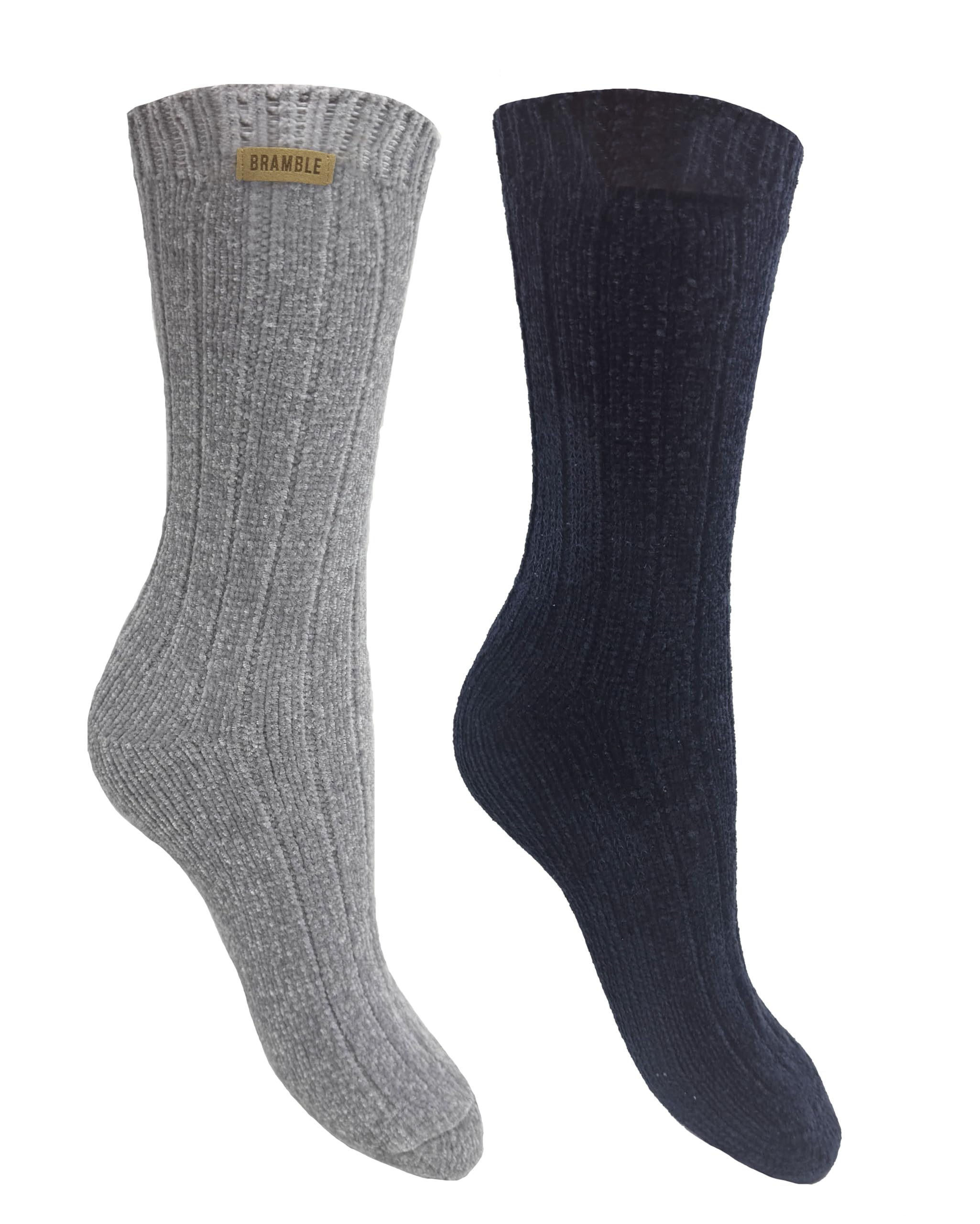 Bramble Ladies Supersoft Textured Bed Socks | 2 Pair | U.K. Size 4-7 | grey, navy cosy, non-slip, lounge,slipper sock, loungewear, comfort warm sock