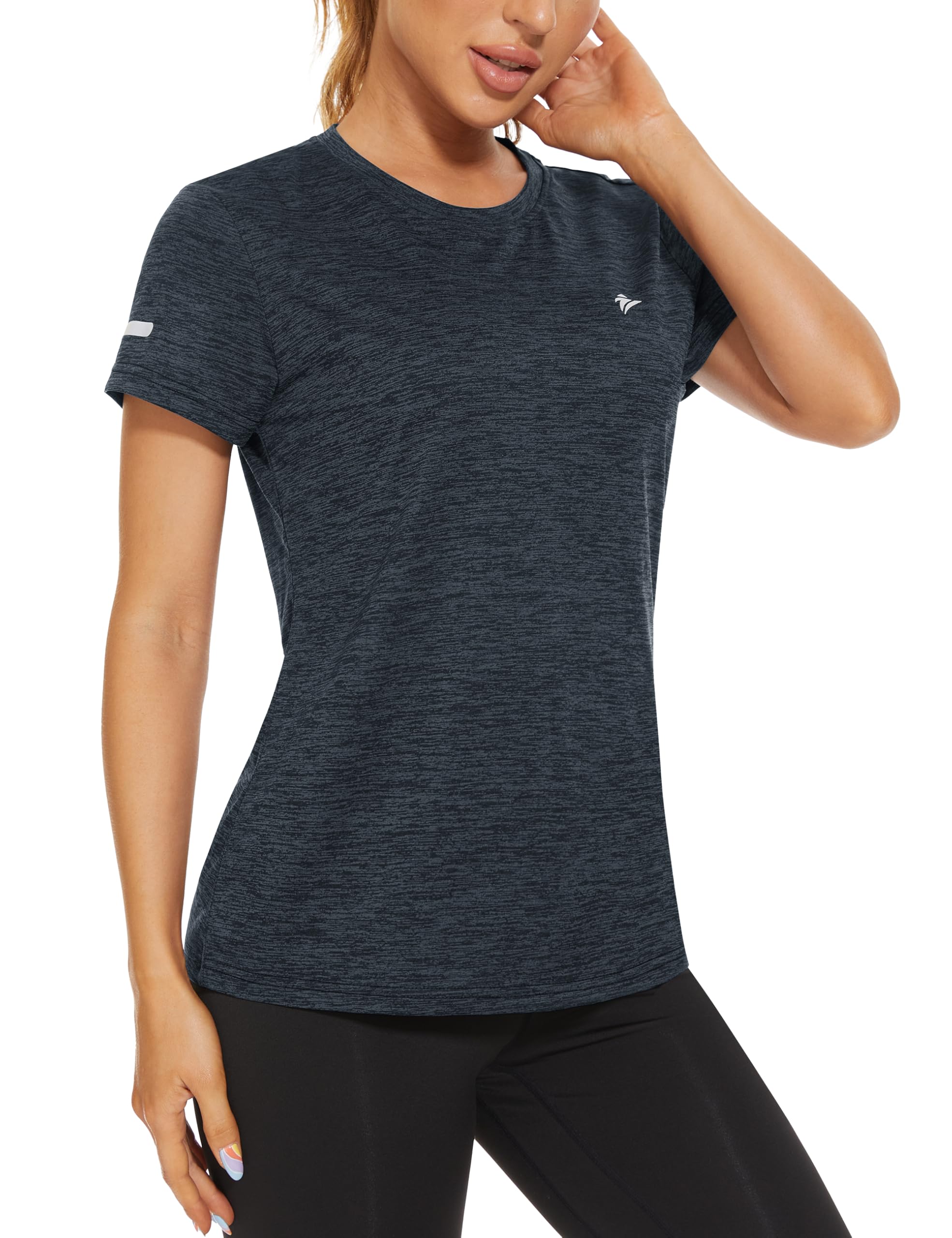 TACVASEN Damen Meliert Sport T-Shirt Laufshirt Kurzarm Sportshirt Rundhals Shirt Sommer Leicht mit Reflexstreifen