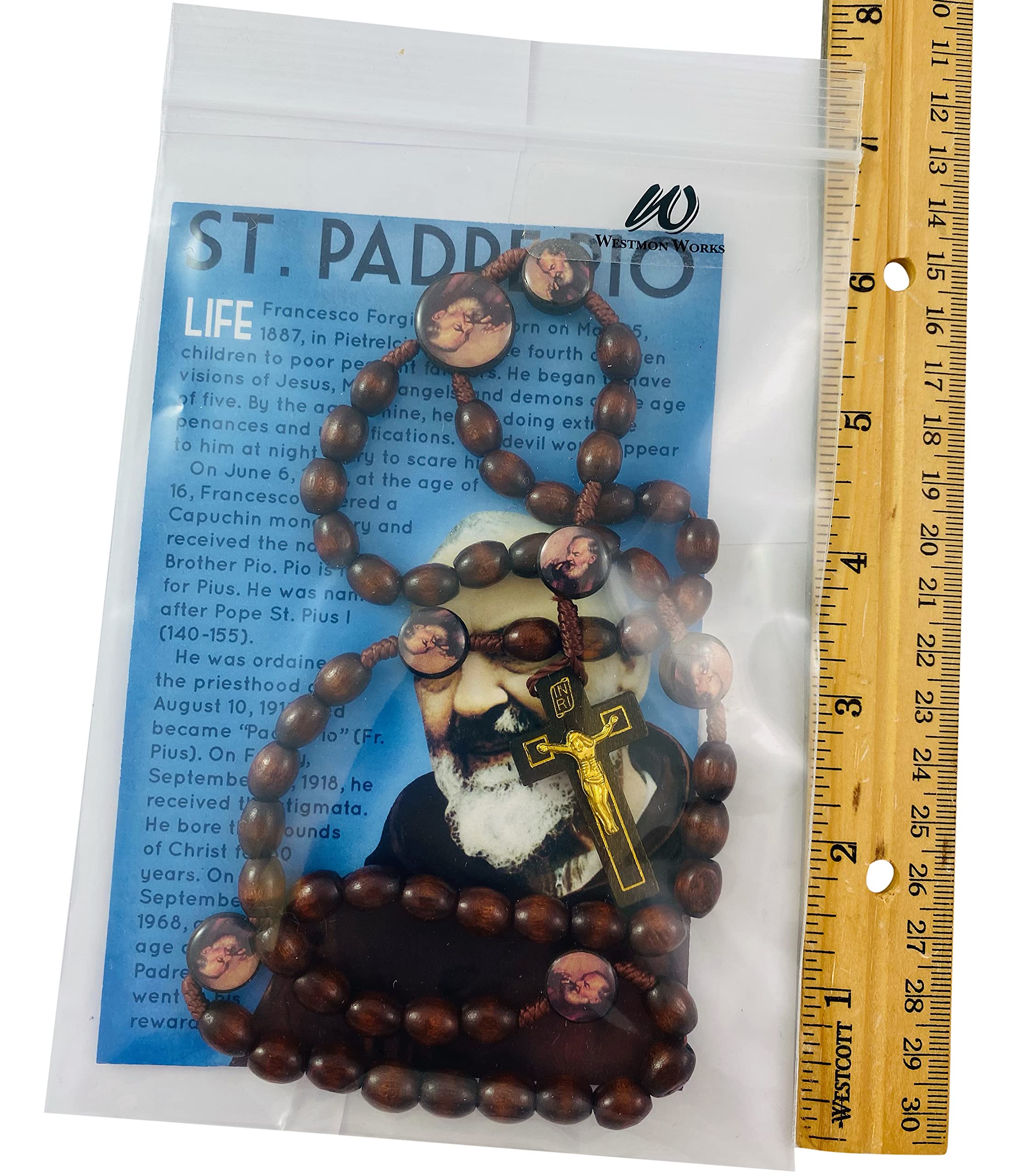 Saint Padre Pio Rosary - Wooden Beads & Holy Card -2 Saint Padre Pio Rosary - Wooden Beads & Holy Card -2