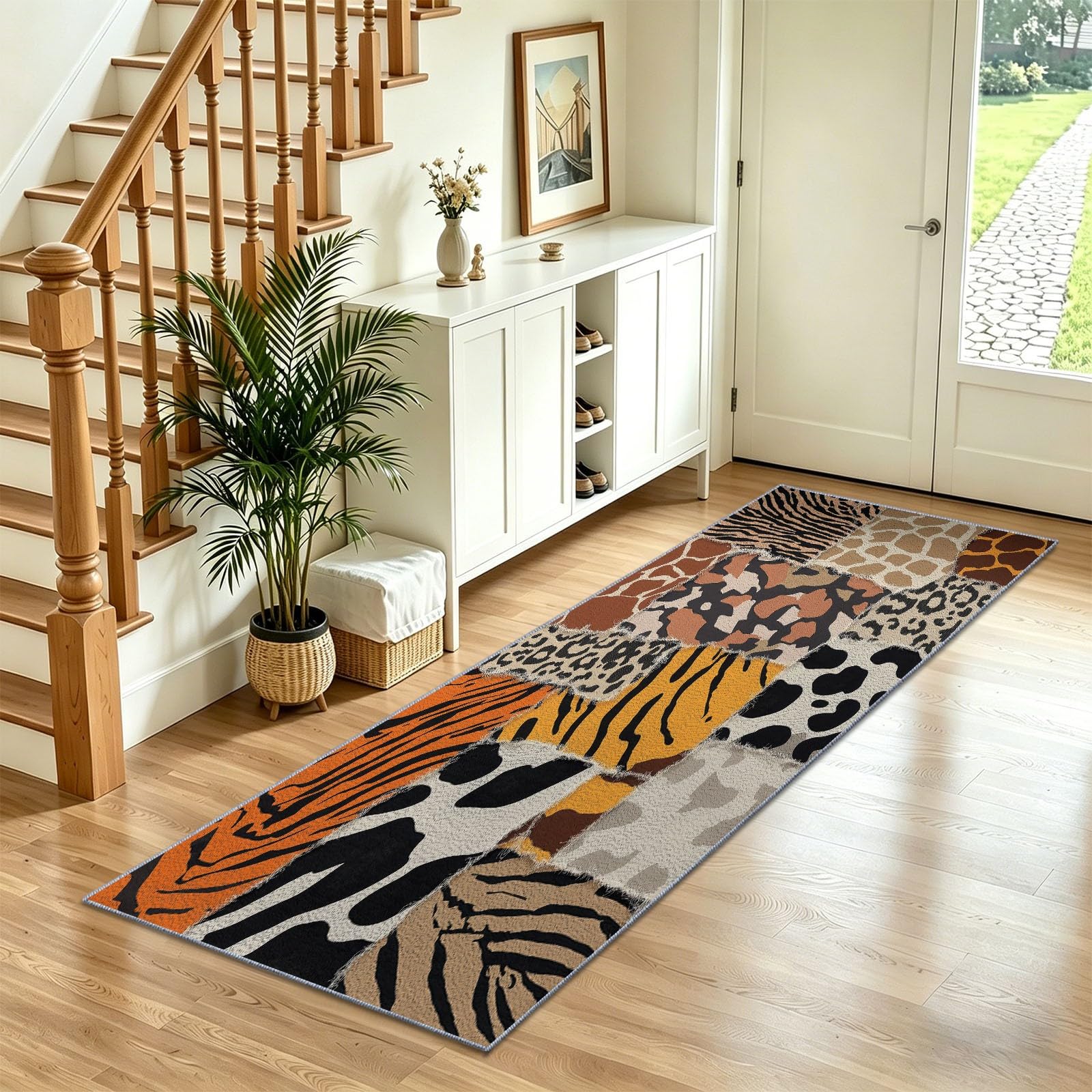 Tapis couloir antidérapant 80x200 entrée imprimé animal bohème noir marron
