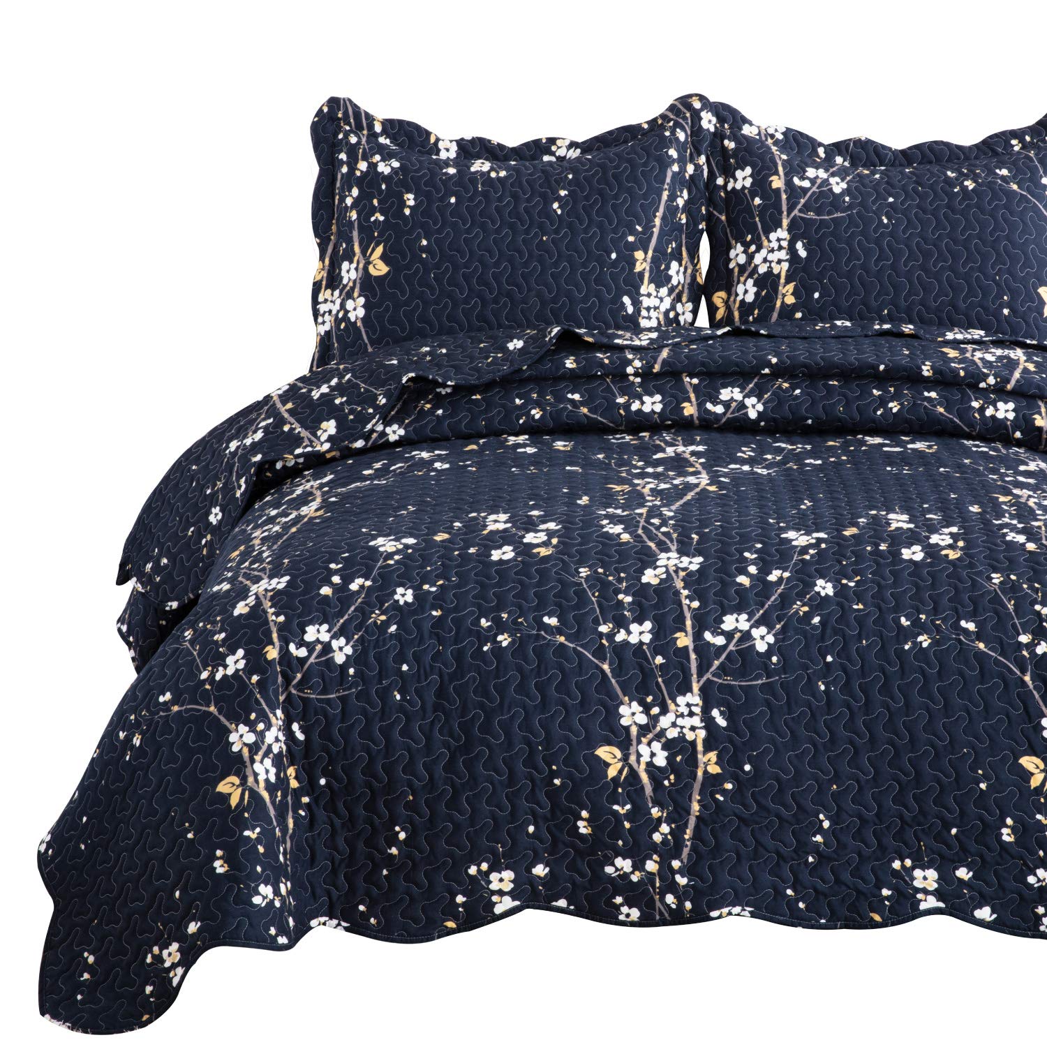 Bedsure Quilt Set Navy King Size Plum Blossom (106x96 inches) Bedspread, Lightweight Coverlet Quilt for Spring and Summer,...