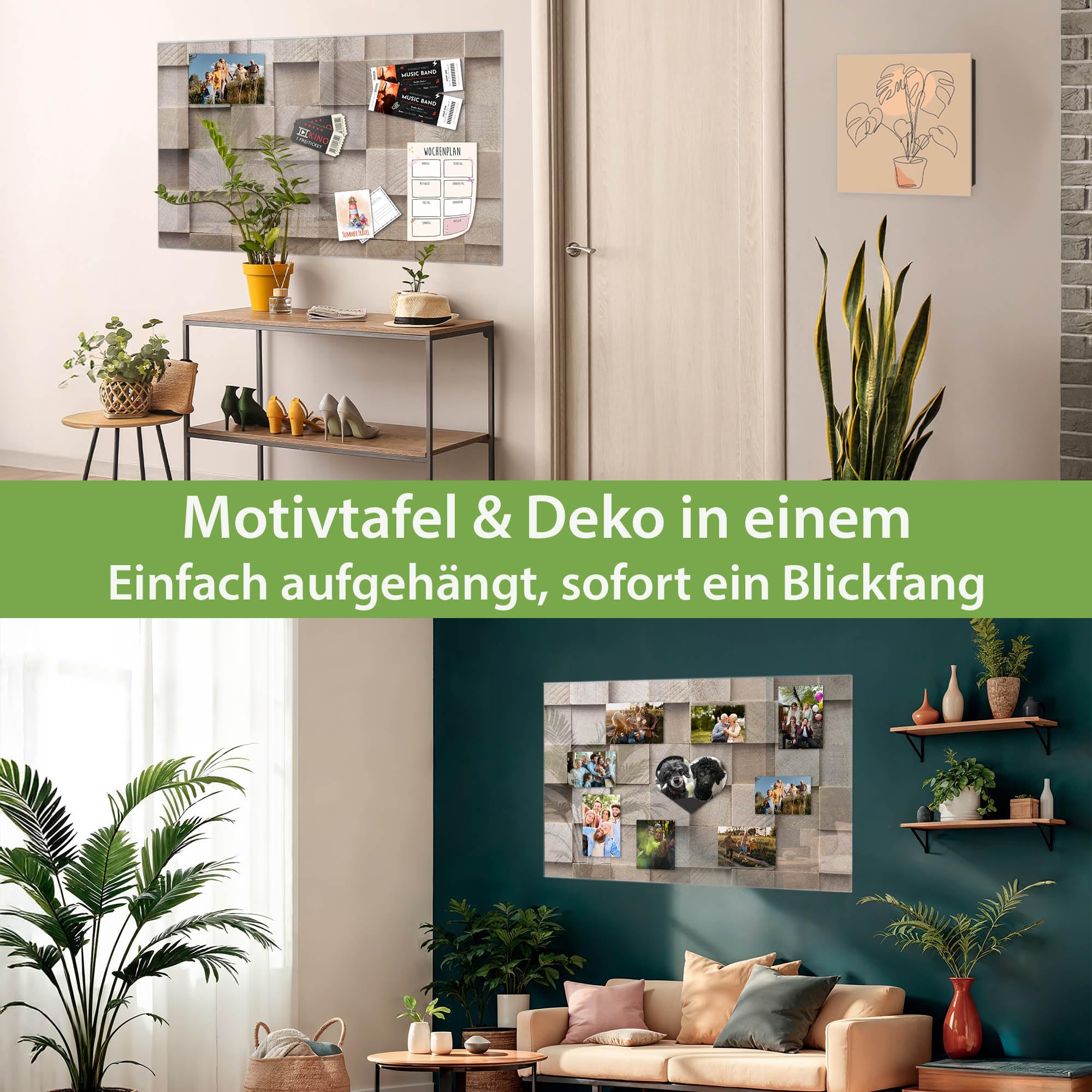 banjado Glas-Magnettafel in 45x30cm für Notizen in Holzoptik | Magnetisches Glasboard für Notizen und Fotos, mit Motiv Bauklötze Relief in warmer Holzoptik