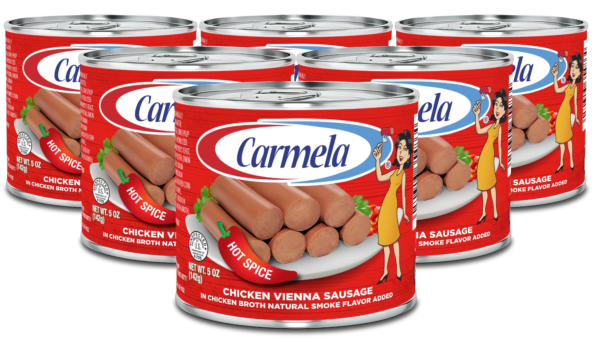 Carmela Hot Chicken Vienna Sausage & Bouillon – Puerto Rican Style Spicy Chicken Sausage in Broth with Natural Smoke Flavor – Ready to Eat, 5 oz Can (Pack of 6)