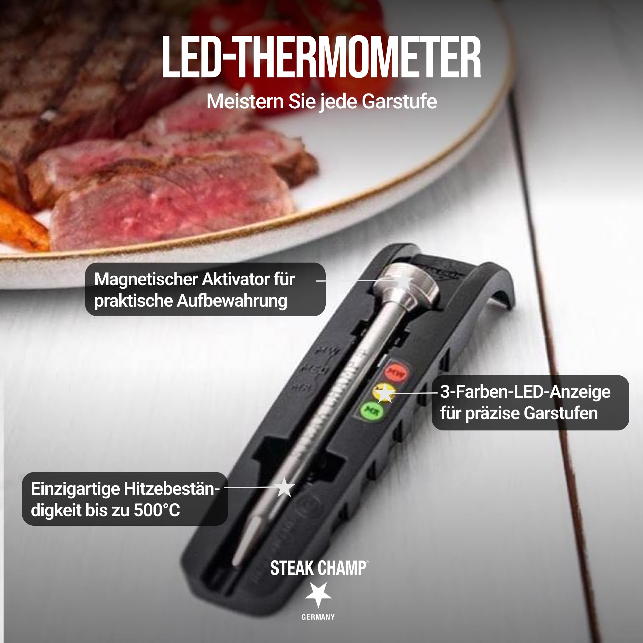 Steakchamp BBQ Profi-Bundle – Bull Fork Fleischgabel aus Zinklegierung (6,5") + 3-Farb-LED Steak-Thermometer, Grill- & BBQ-Zubehör für perfektes Tranchieren und Garpunkt-Kontrolle