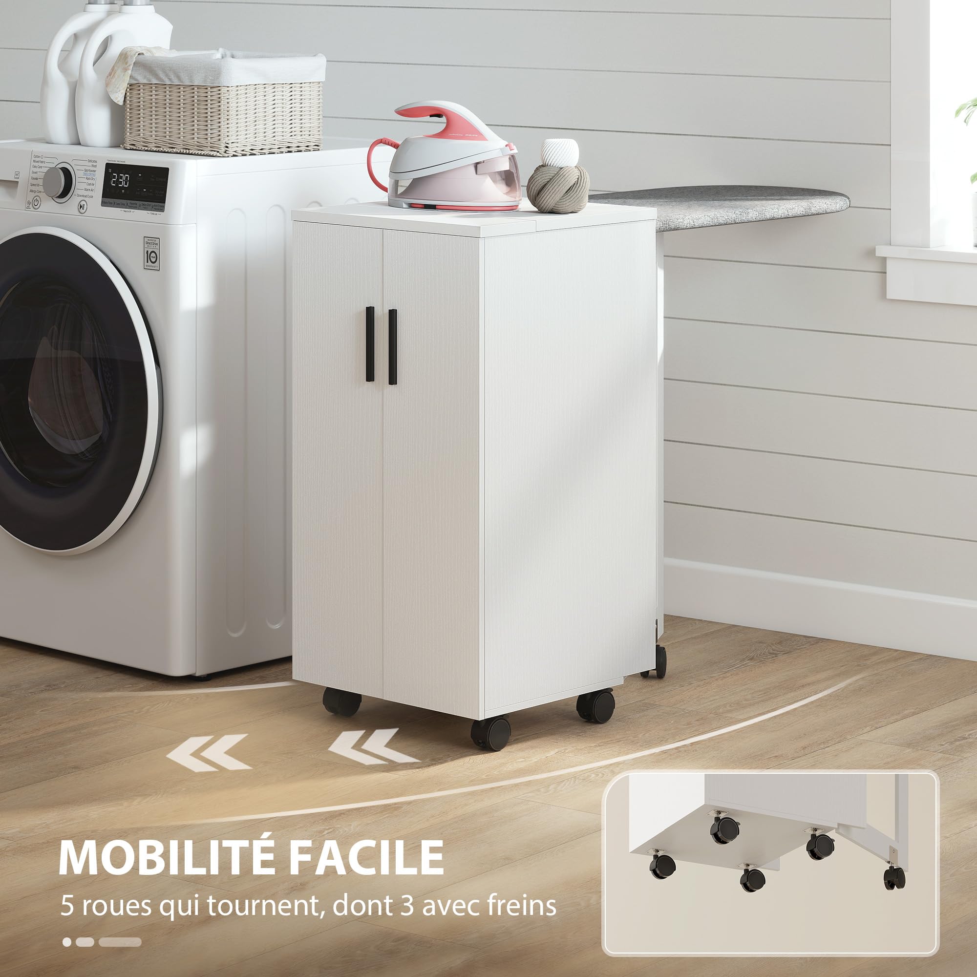 HOMCOM Meuble à Repasser 2 en 1, Table à Repasser Pliante sur roulettes avec étagère réglable et charnières à Fermeture Douce, Meuble Rangement pour Petits espaces, buanderie, 128 x 43 x 83 cm, Blanc