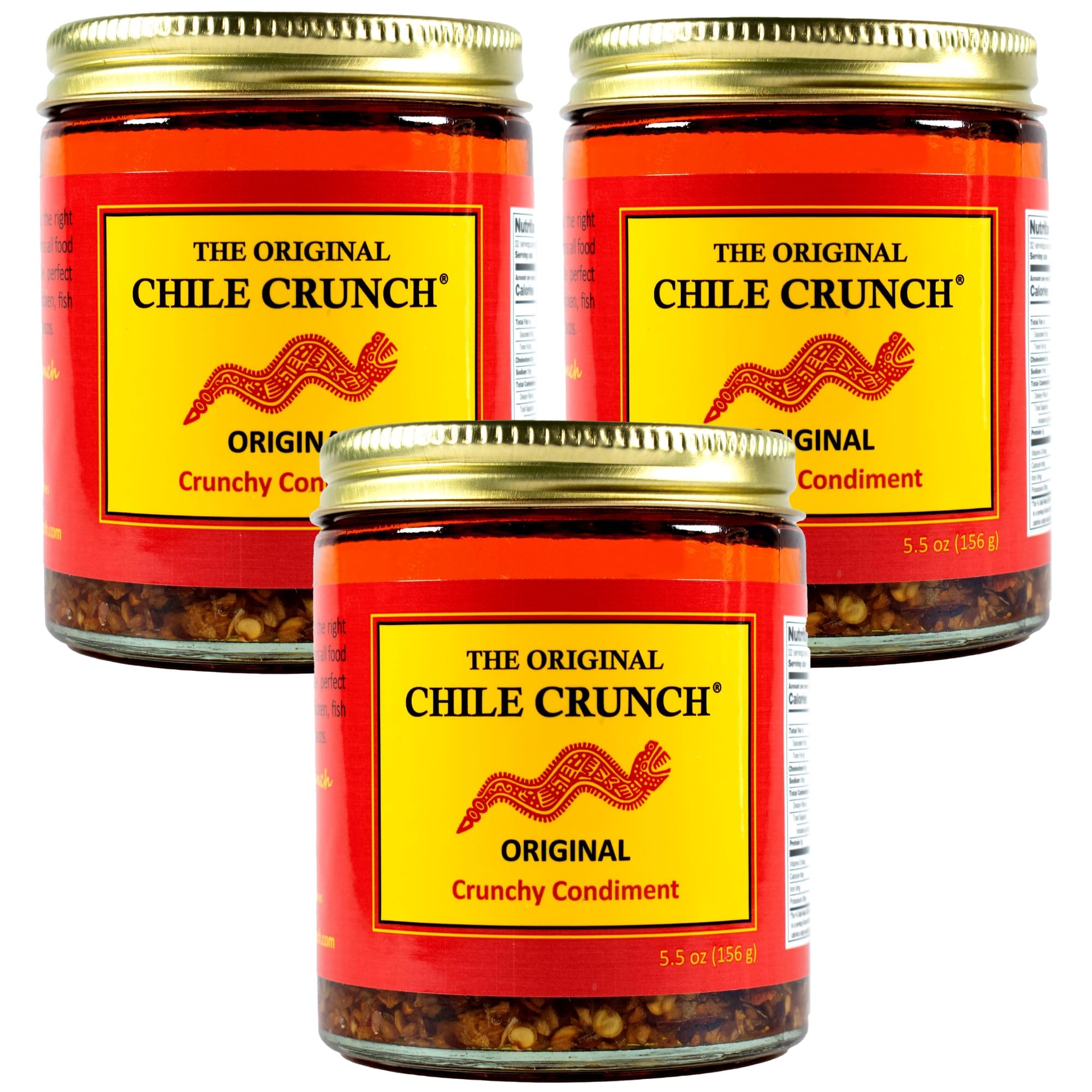 CHILE CRUNCH - Original Spicy Crunchy Condiment - All Natural Roasted Chili Peppers, Garlic & Onion Crisp Sauce - Vegan, Gluten-Free, No Preservatives - Homemade Authentic Mexican Recipe 5.5oz (3 Pack)