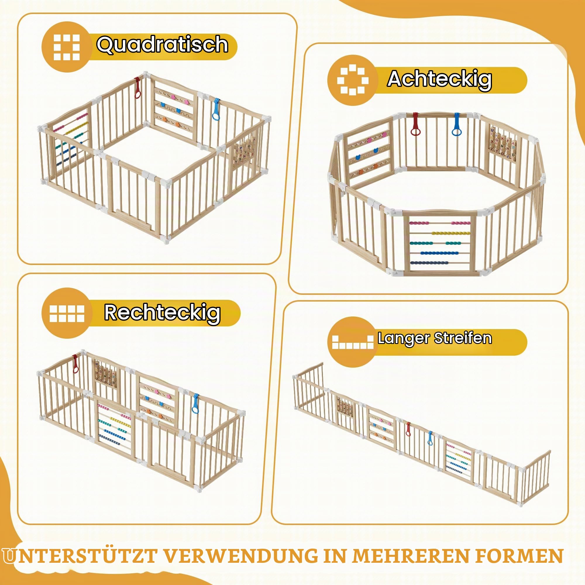 MSFE Laufstall Baby Faltbar Holz,8 Paneele Wooden Baby Playpen Verstellbare Multi-Shape & Größe mit Tür,Sicherheitsverschluss und Spielpaneelen für Wohnzimmer,Schlafzimmer und Kindergarten