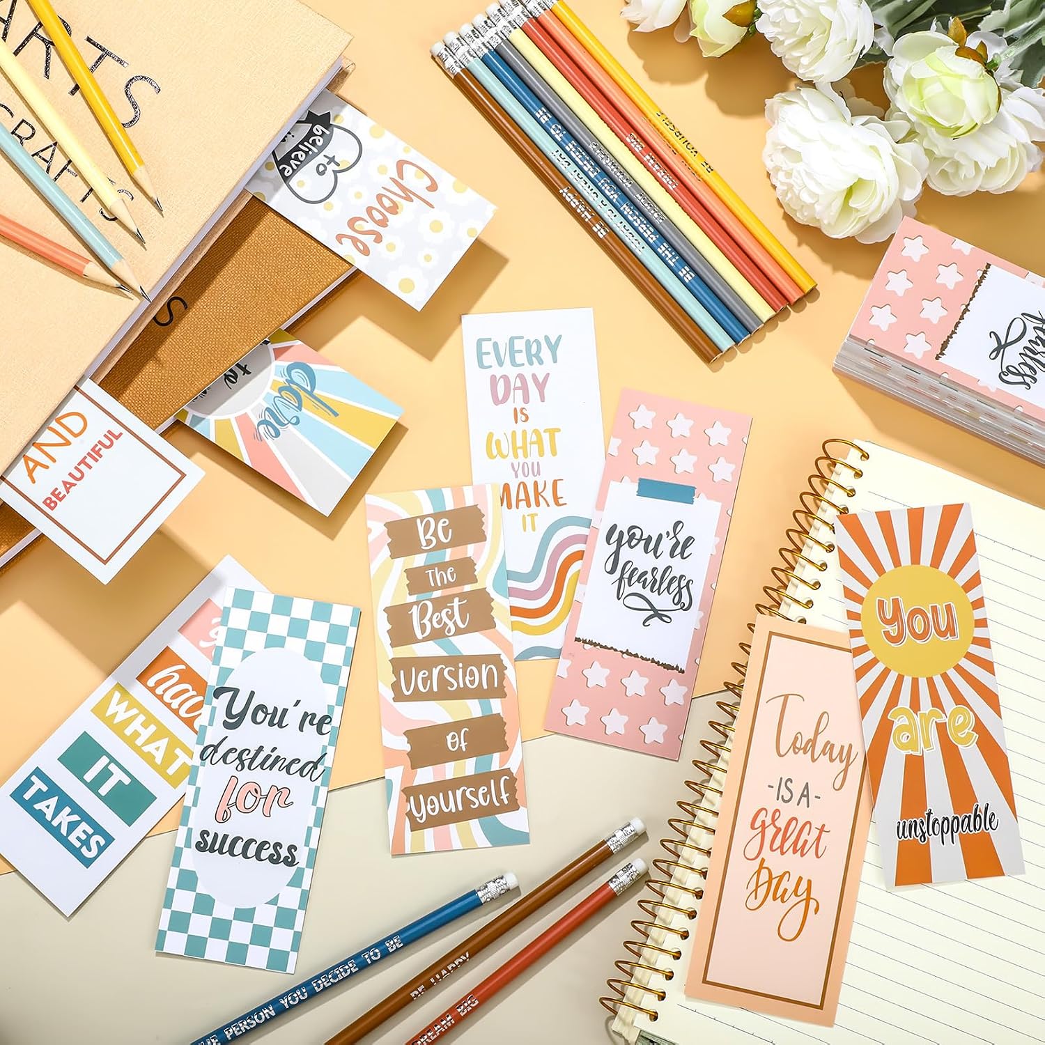 240 Pcs Inspirational Pencils Bookmarks Bulk for Kids 120 Set Back to School Student Gift from Teacher Boho Motivational Classroom Supplies for Teacher Elementary Positive Affirmation Gifts