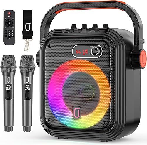 JYX Máquina de karaoke con 2 micrófonos inalámbricos, sistema PA de luz RGB con agudosgraves, altavoz Bluetooth compatible con transmisión en