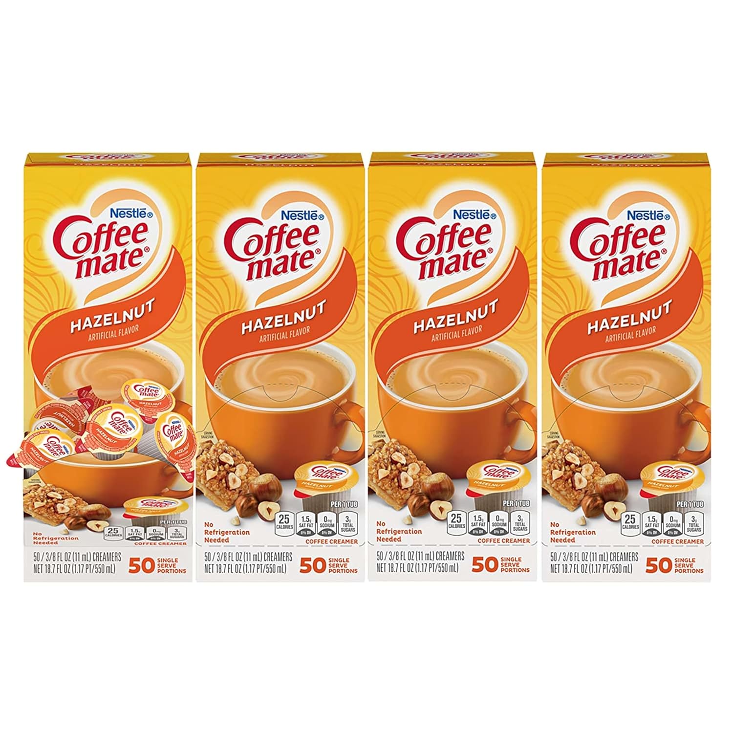 (Used By: Jul/ 2024)Nestle Coffee Mate Coffee Creamer, Hazelnut, Liquid Creamer Singles, Non Dairy, No Refrigeration, Box of 50 Singles (Pack of 4)