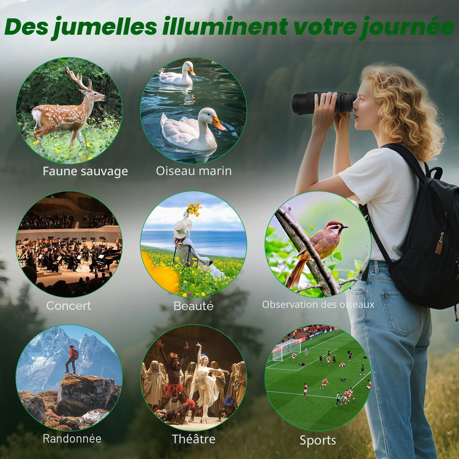 Jumelles compactes 12 x 42 HD BAK4 HD, objectif FMC étanches pour observation des oiseaux, chasse, voyage, randonnée, tourisme, noir