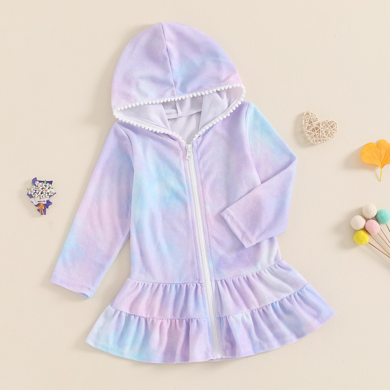 Kids Girl Swim Cover Up Hooded Zip-Up Tie Dye Terry Swimsuit Cover-ups Beach Robe Dress Bathrobe Towel Bathing Suit (Purple, 7-8 Years)