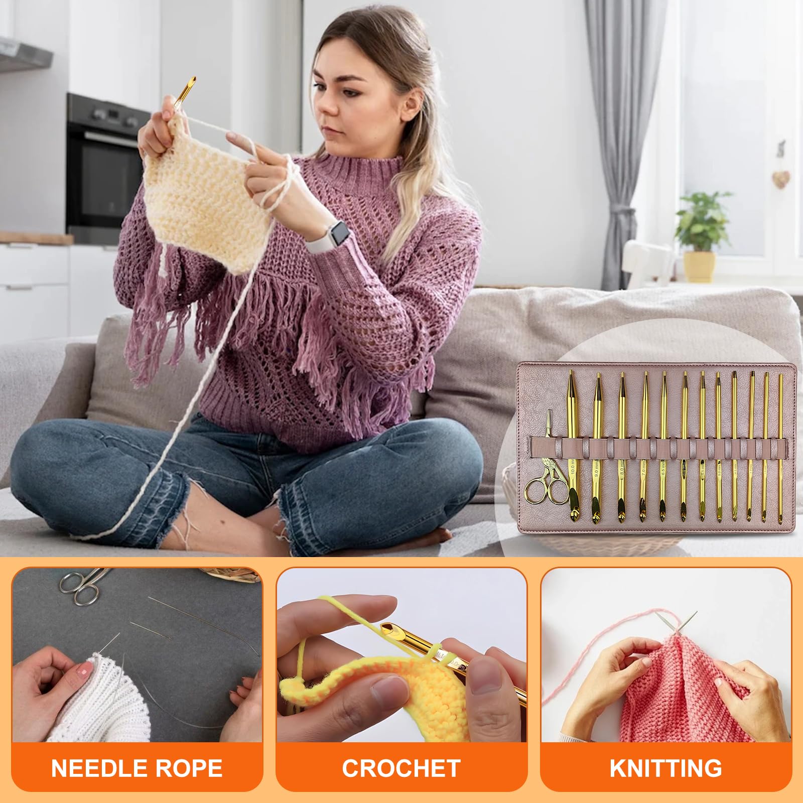 LetCart Juego de 12 agujas de ganchillo tunecinas con funda de poliuretano rosa, agujas de crochet de aluminio cromado para tejer alfombras con tijeras y accesorios