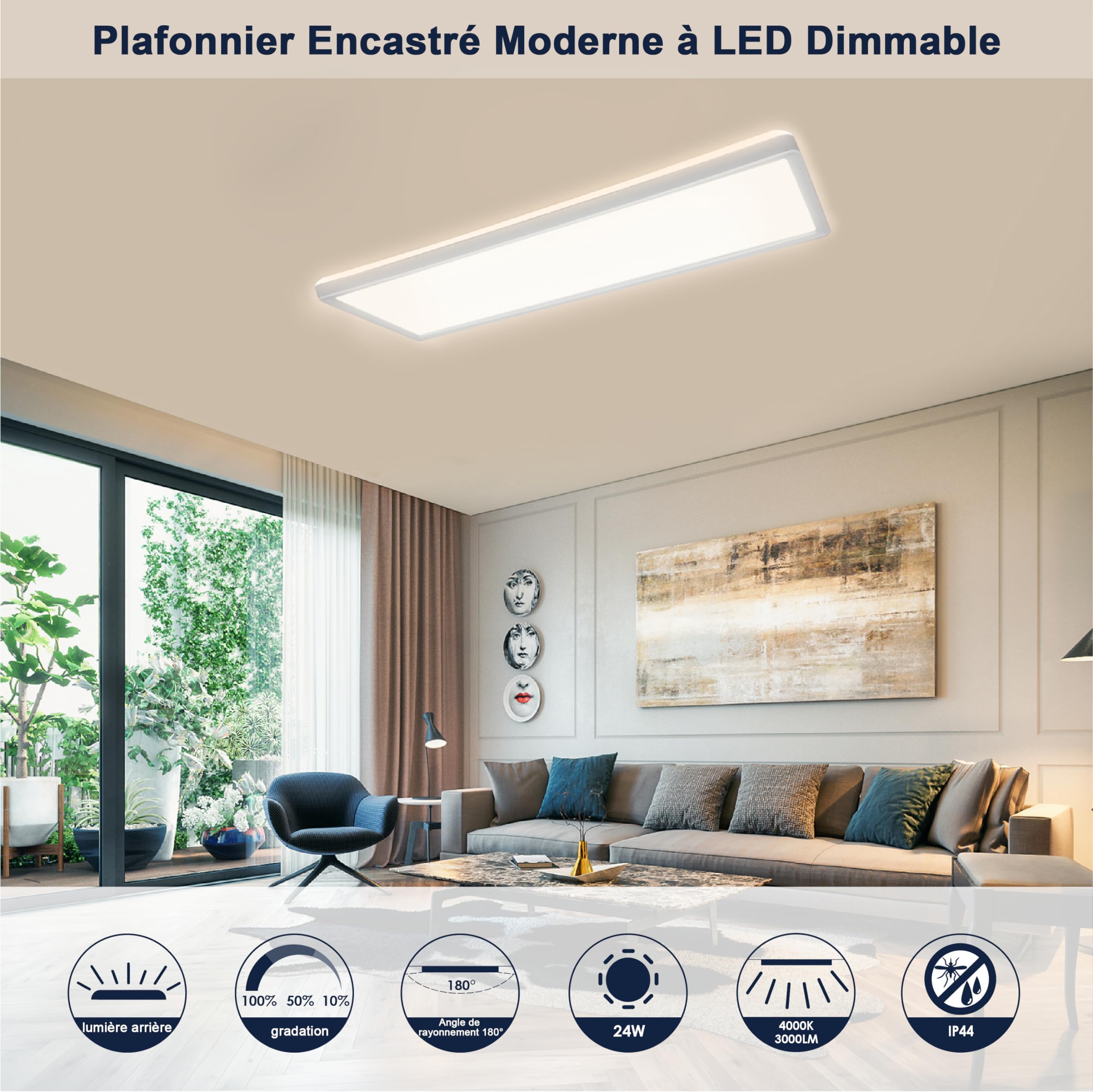 BestLuz LED Plafonnier Plat Rectangulaire 58x20cm 24W 3000lm Trois Niveaux Gradation LED Panneau Blanc Neutre 4000k Avec Effet de Rétroéclairage Salle de Bains Chambre Salon Cuisine Ultra Mince