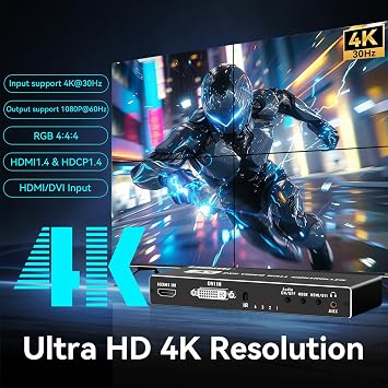4K HDMl Video Wall Controller 2X2 with RS232 and DVI Video Wall Processor | 180 Rotate Support 8 Splicing Modes1x1, 1x2, 1x3, 1x4, 2x1, 3x1, 4x1