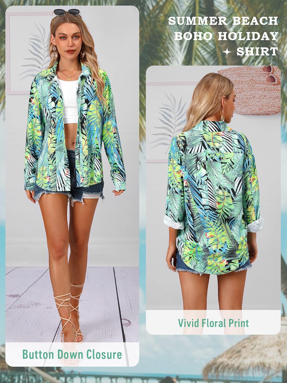 Ezcosplay Women Hawaiian Shirts Long Sleeve Button Down Tropical Floral Holiday Beach Blouse Tops - Image 4