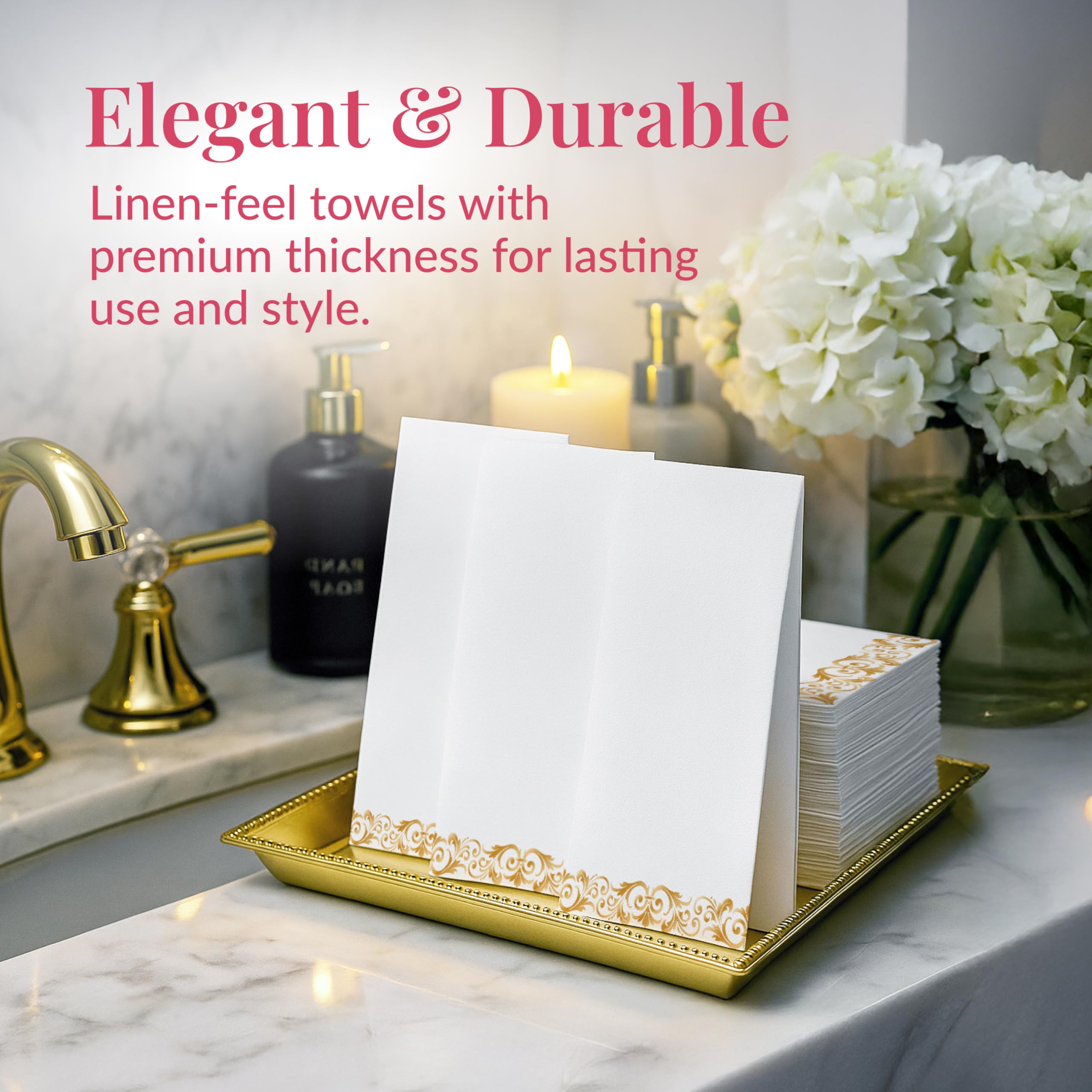Prestee Paquete de 200 toallas de papel desechables para baño, elegantes servilletas de papel con tacto de lino, toallas decorativas blancas y doradas para baño, bodas y fiestas, calidad de élite y