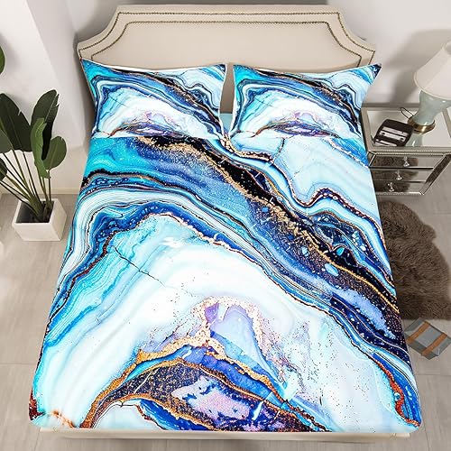 Miniatura 2 de Juego de sábanas de mármol colorido para niñas, niños y mujeres, color morado, azul, rosa, remolino, mármol, sábana bajera ajustable psicodélico,