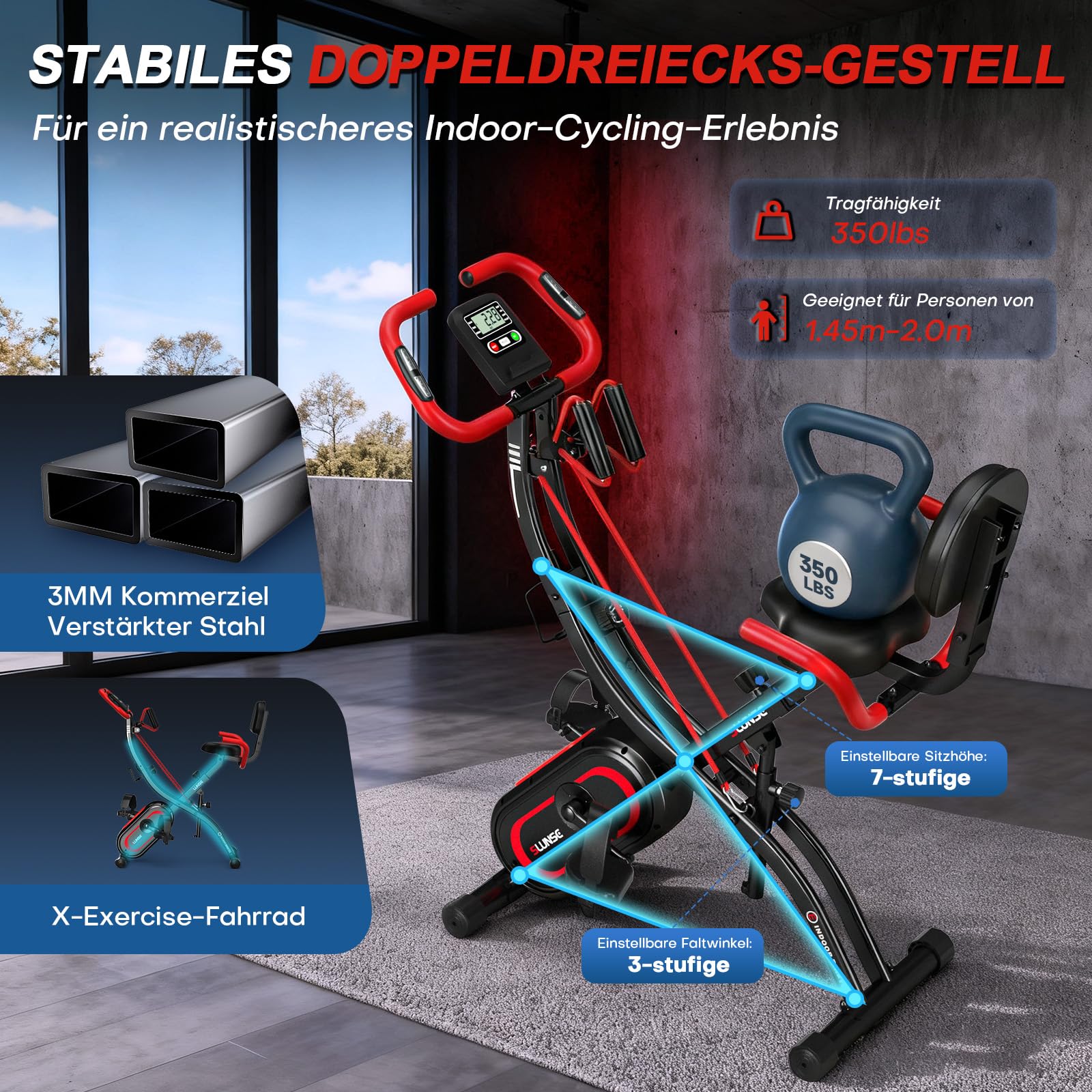 Heimtrainer Fahrrad mit App, Neu Hometrainer Fahrrad mit stabilem Doppeldreieckrahmen, Klappbar Ergometer Heimtrainer mit 10dB extra Leise, Indoor Bike für Kardio-Training zu Hause, Bis 160KG