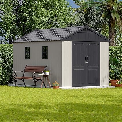 Patiowell 8 x 12 FT Plastic Outdoor Storage Shed with Floor, Resin Shed with Window and Lockable Door for Garden, Backyard, Tool Storage Use, Easy to Install in Beige (Kick-it Shed)