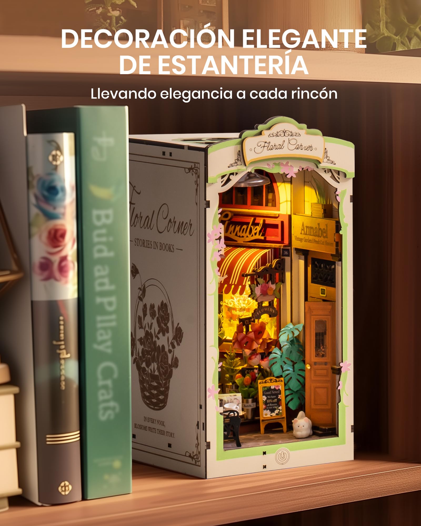 ROBOTIME Book Nook Kit Rincón Floral con Luces LED - Booknook Casas de Muñecas de Madera, Booknok Decoración del Hogar, Nookbook Regalos para Adultos Niños Mujeres
