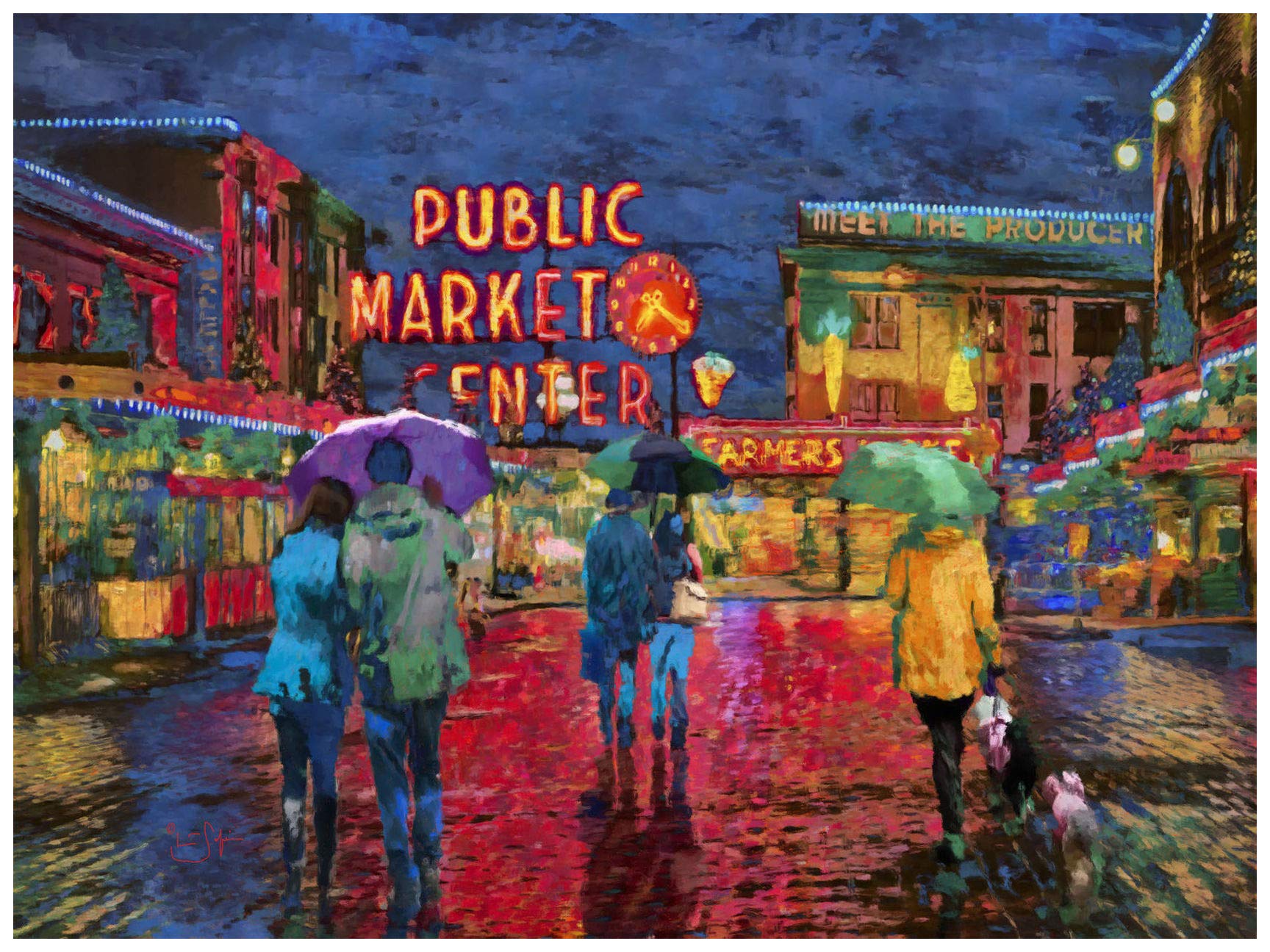 Art of Place Pike Place Market Night Giclee Art Print Poster from Artwork by Artist Lisa Sofia Robinson 18" x 24"