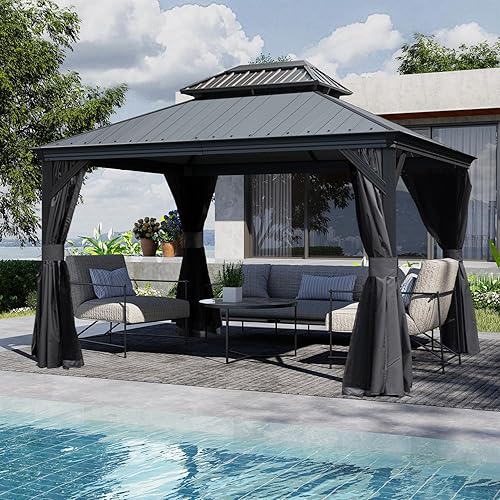 Domi 10x12FT Resin Hardtop Gazebo with Drainage Gutter, 2025 Upgraded Outdoor Metal Gazebo Canopy with Double Roof, Curtains & Netting, Heavy Duty Permanent Pavilion for Patio, Deck, Backyard