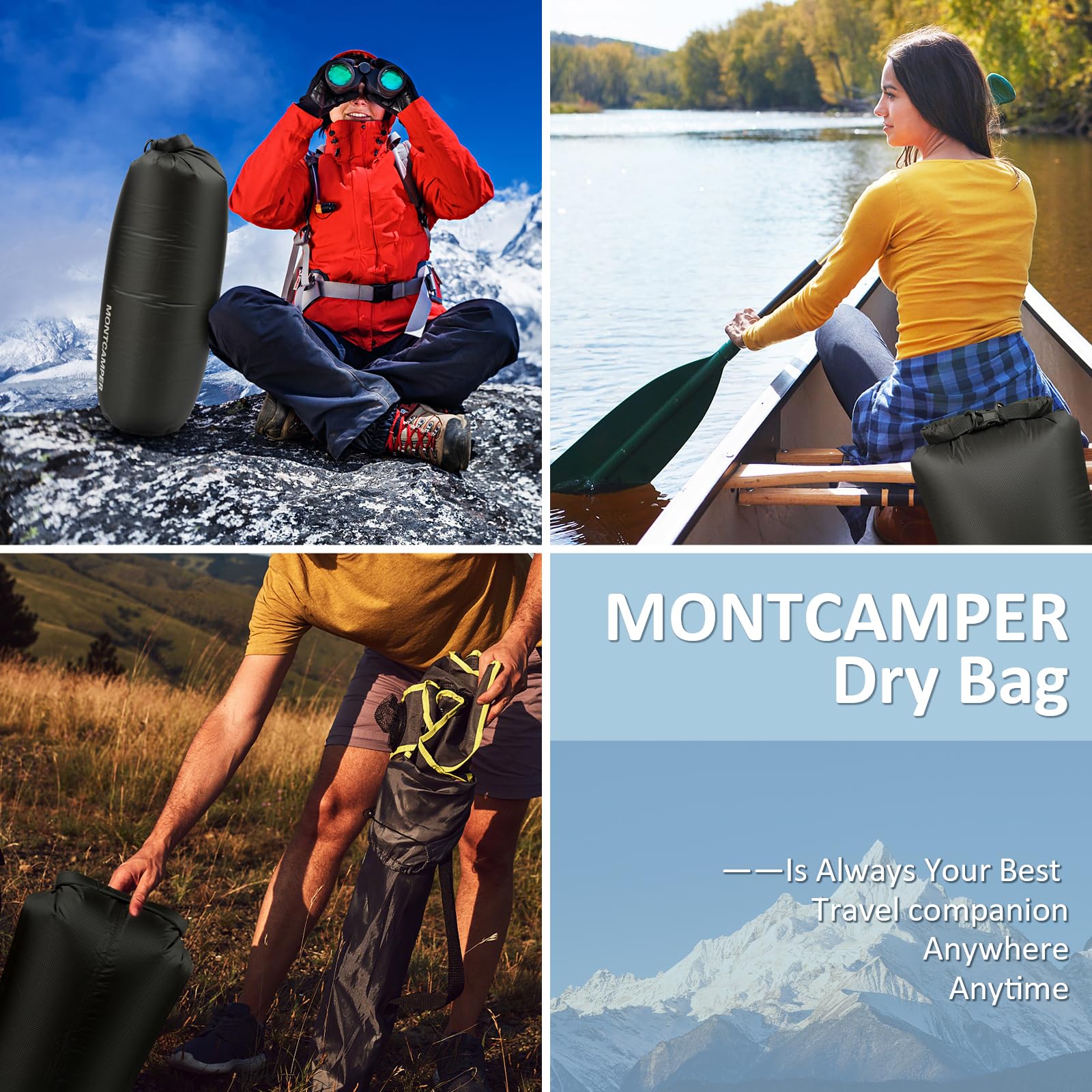 Bolsa seca impermeable de 20 L, nailon 30D, con revestimiento de poliuretano, almacenamiento ligero resistente al agua para kayak, camping, senderismo, pesca y playa (negro)