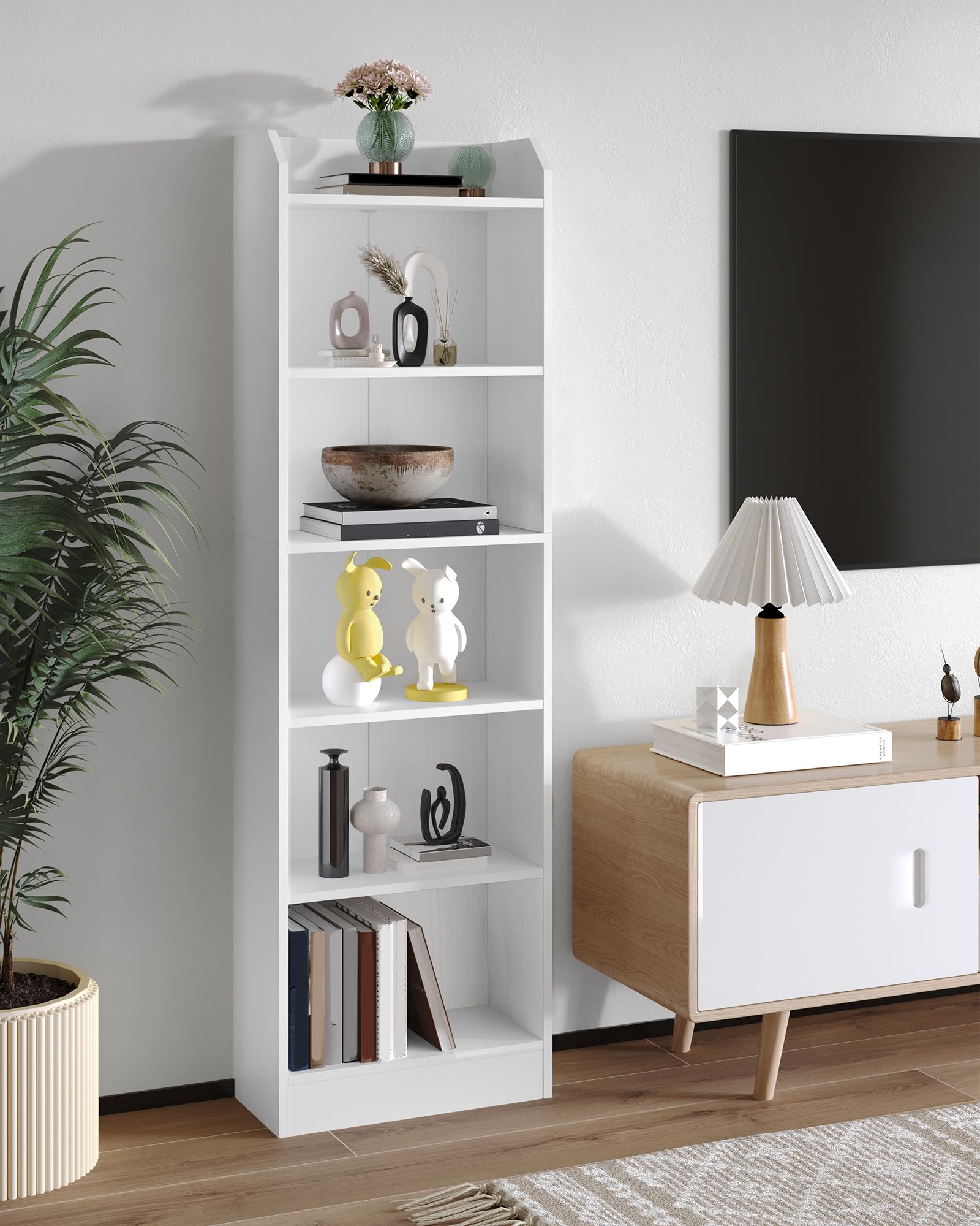 Hzuaneri Bücherregal, 6-stöckiges Standregale, Aufbewahrungsregal, Regal für Sammlerstücke, Verstellbare Paneele, für Wohnzimmer, Büro, 24 x 48 x 169,5 cm, Weiß 02903XBC