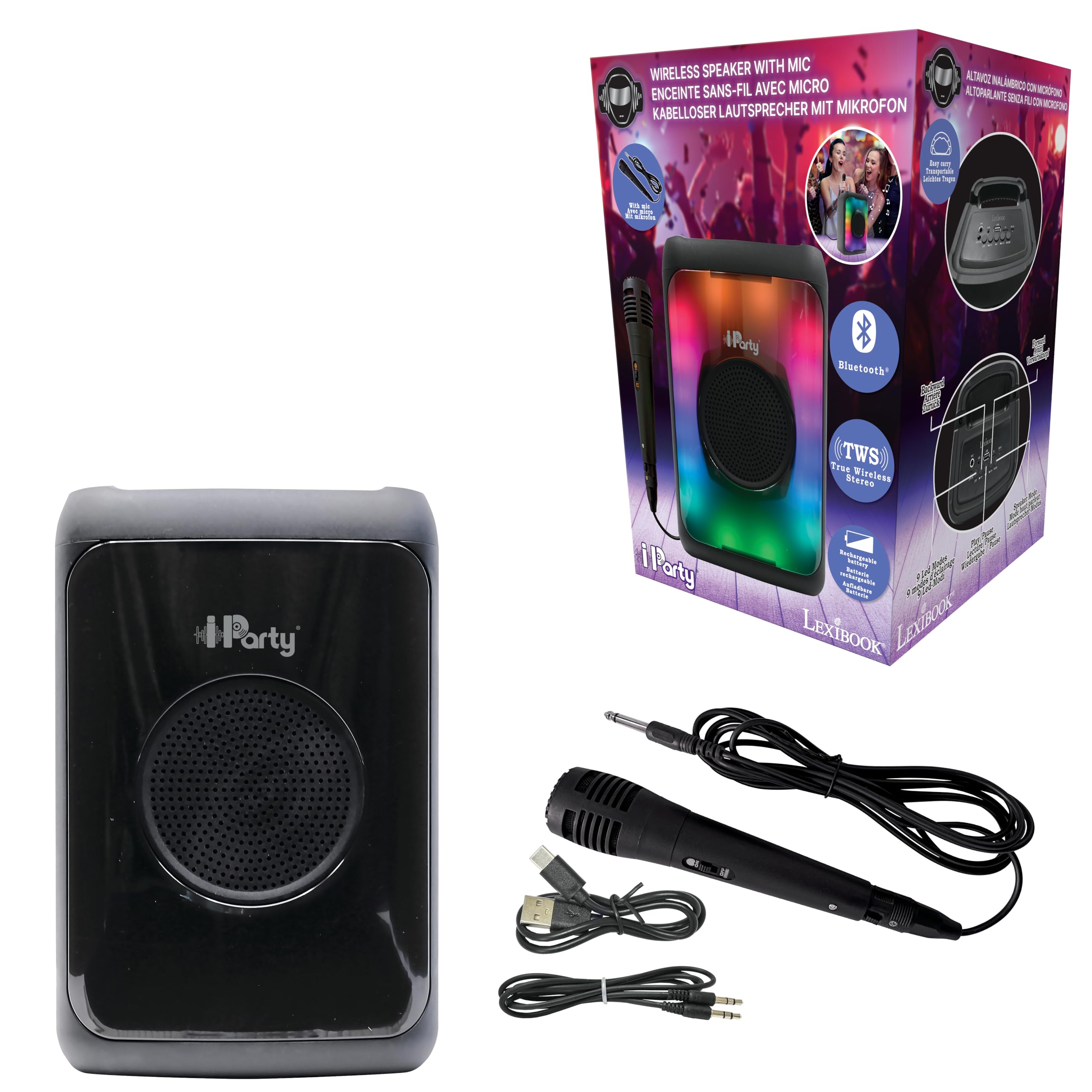 Lexibook, iParty®, Tragbarer Bluetooth®-Lautsprecher mit Mikrofon, Leistungsstarke Lautstärke, Mehrfarbige Lichteffekte, Wiederaufladbare Batterie, K8320